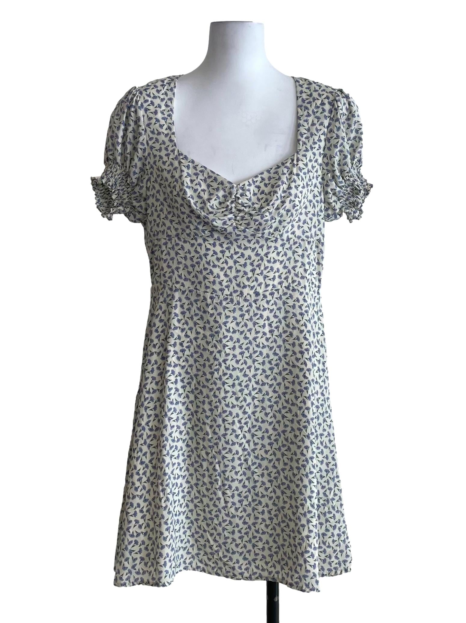 Powder White Floral Puff Sleeve Petite Dress