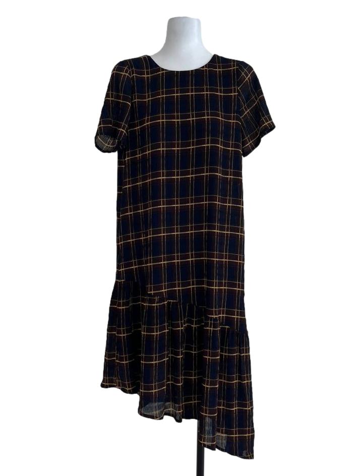 Urban Revivo  Navy Blue Mocha Tattersall Dress | REFASH