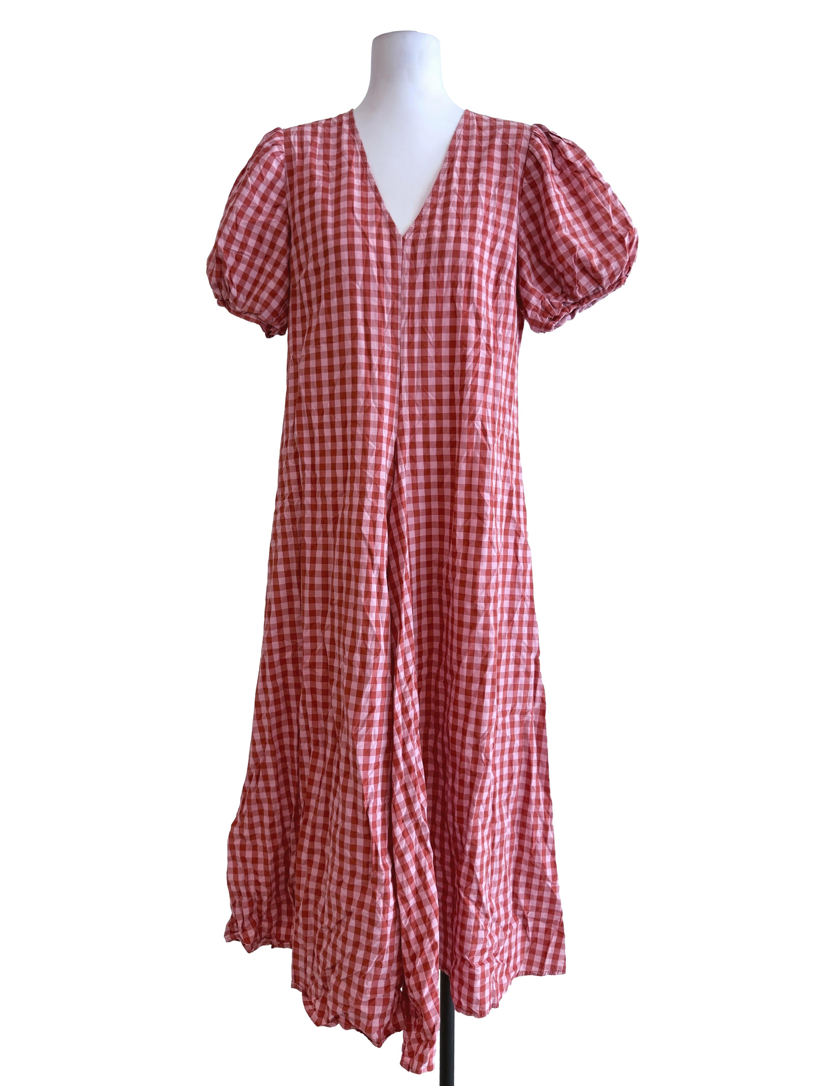 Orange Checked V Neck Baggy Dress