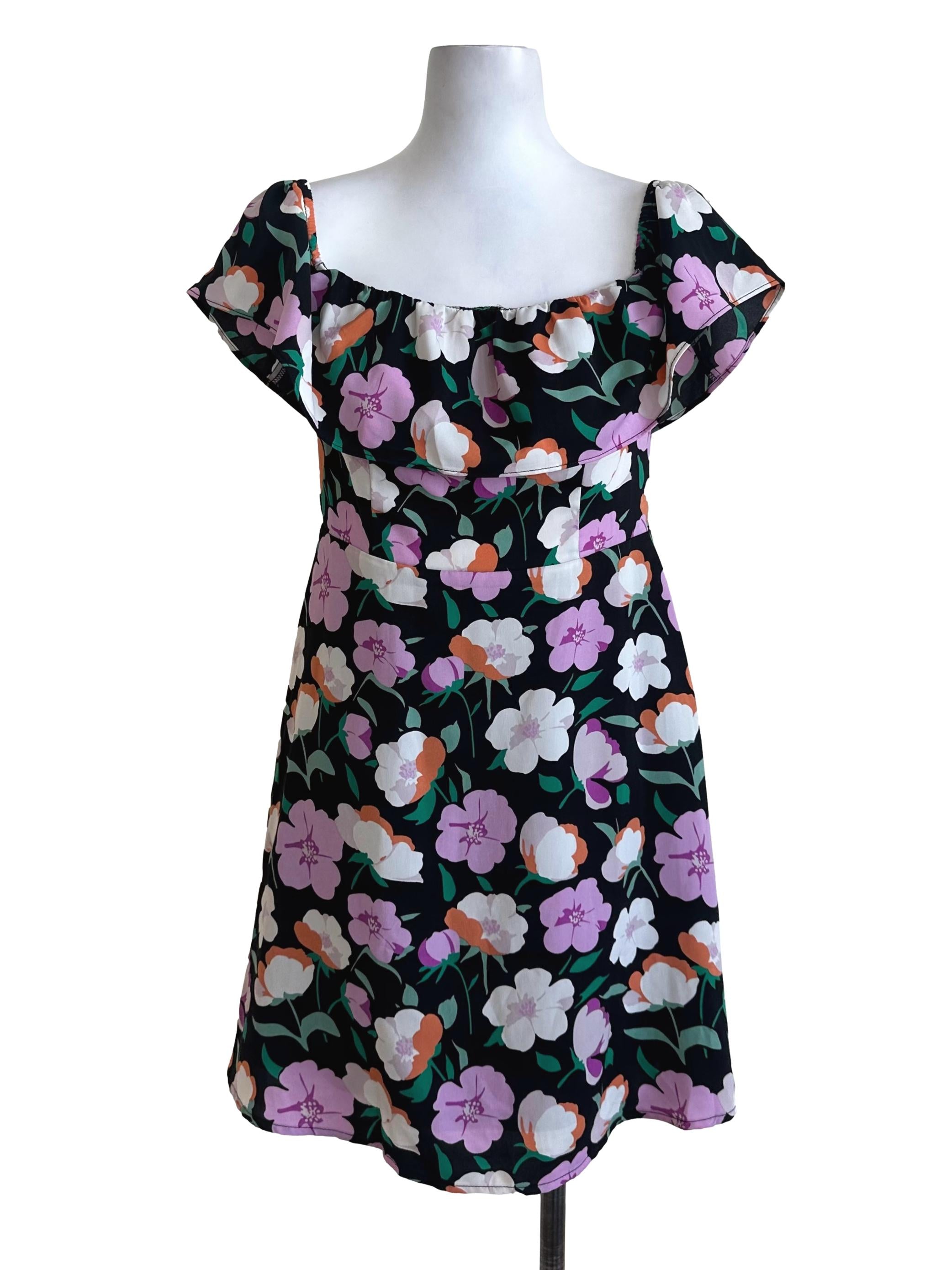 Purple Black Floral Cape Dress