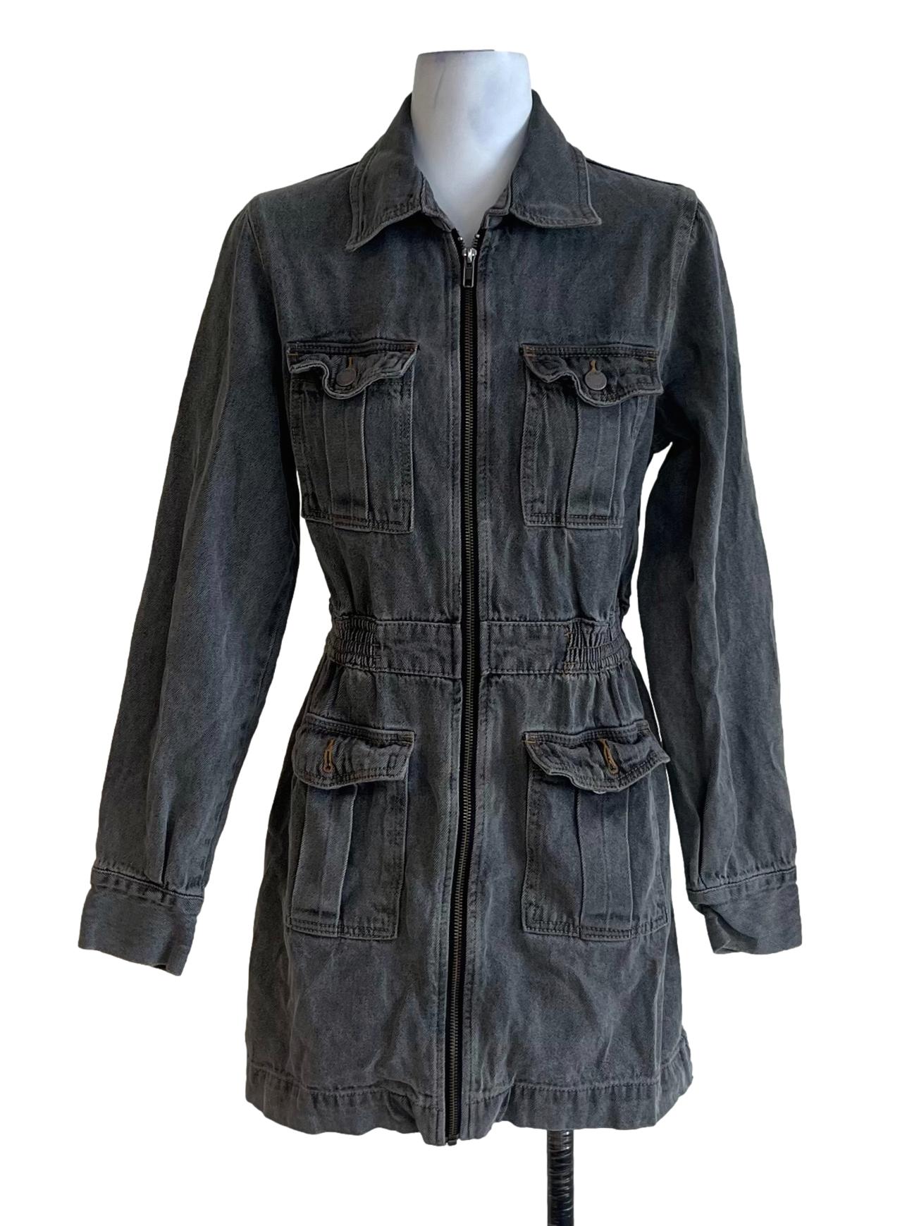 Lead Grey Wing Collar Zip Up Denim Dress