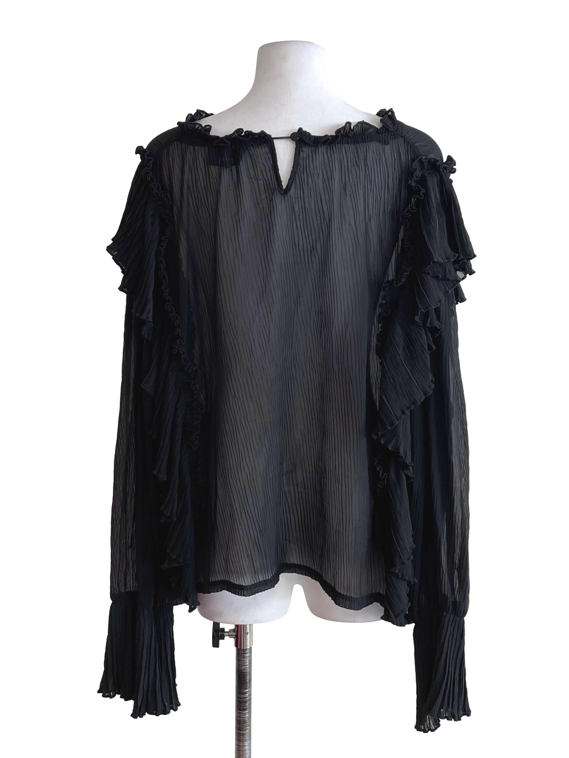 Black Creased Ruffles Poet Sleeves Blouse