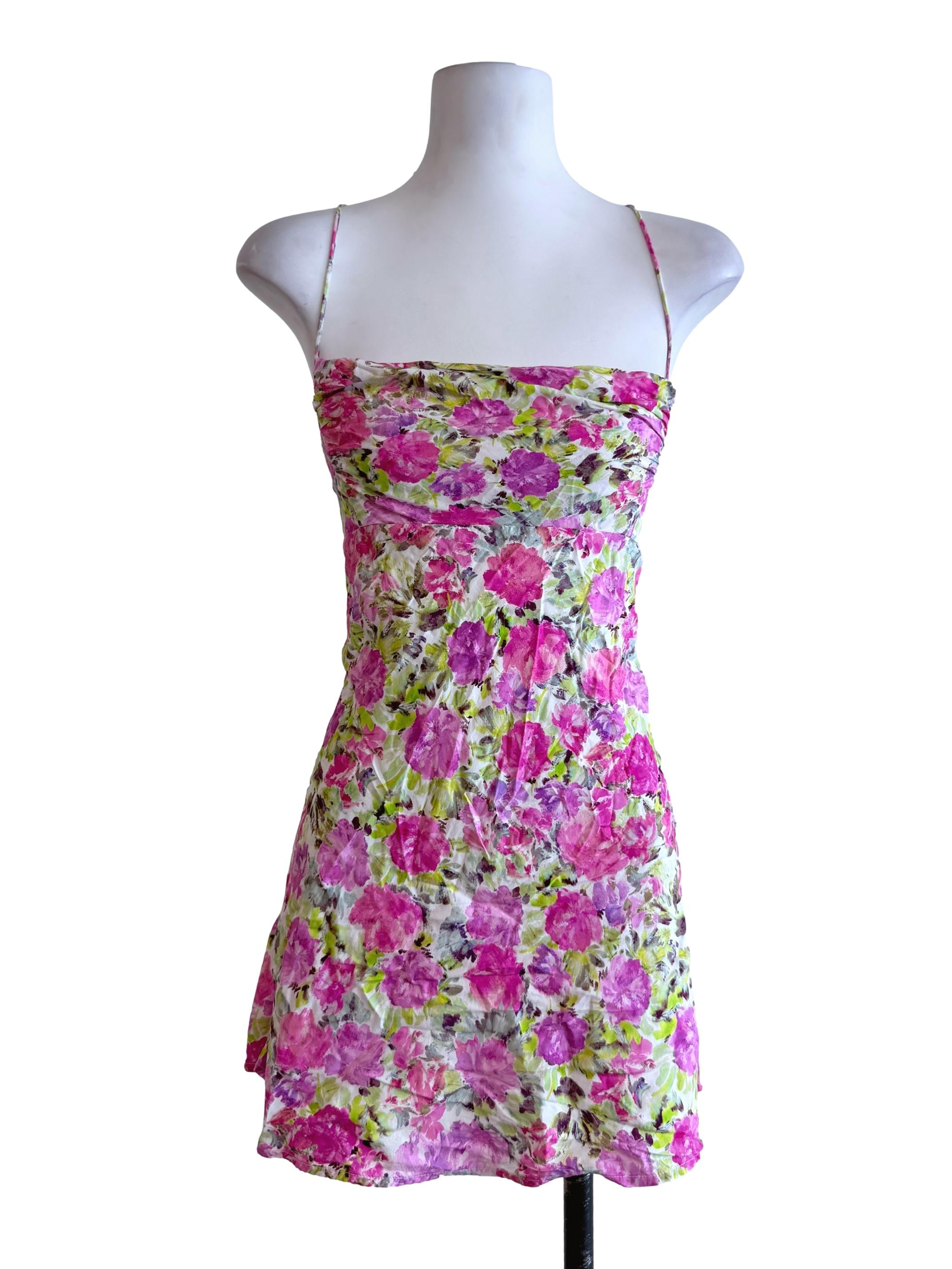 Pink Floral Spaghetti Strap Mini Dress