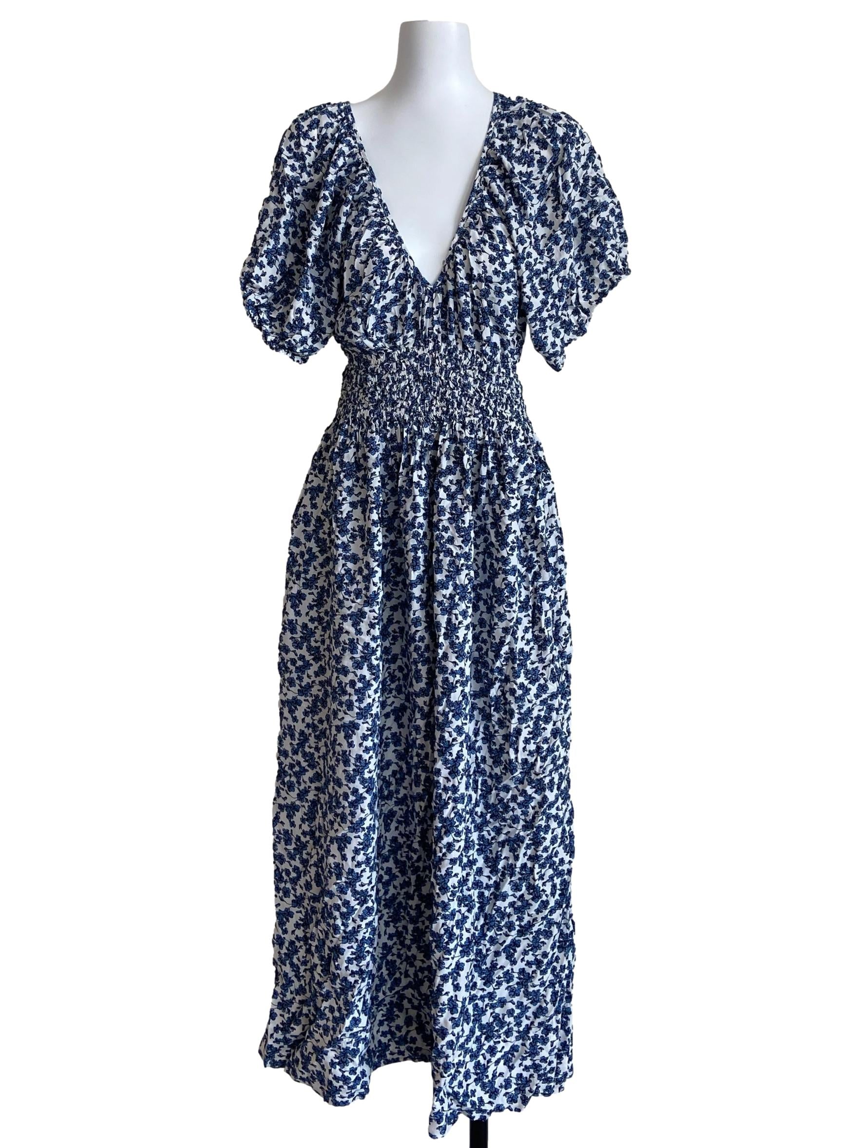 White & Blue Floral Pegged Waist Dress