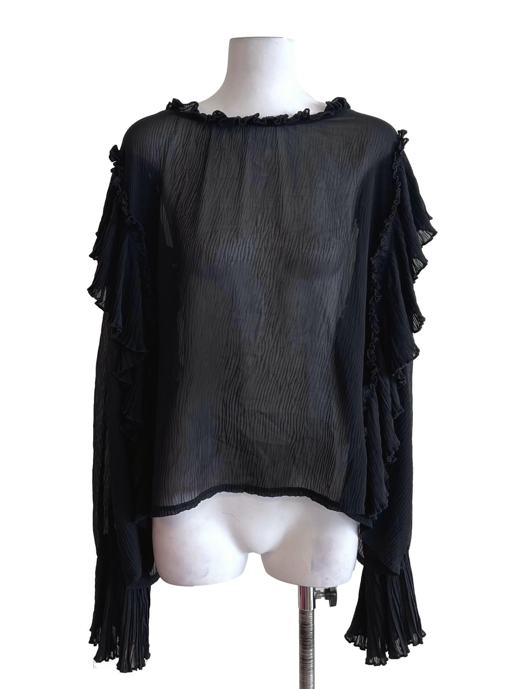 Black Creased Ruffles Poet Sleeves Blouse