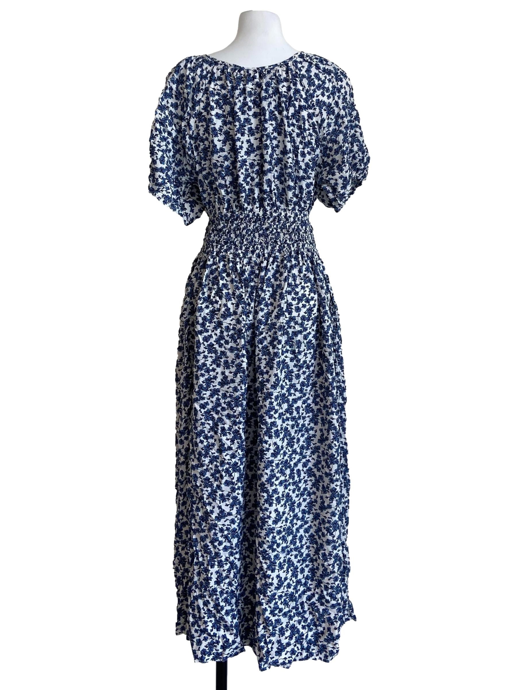 White & Blue Floral Pegged Waist Dress