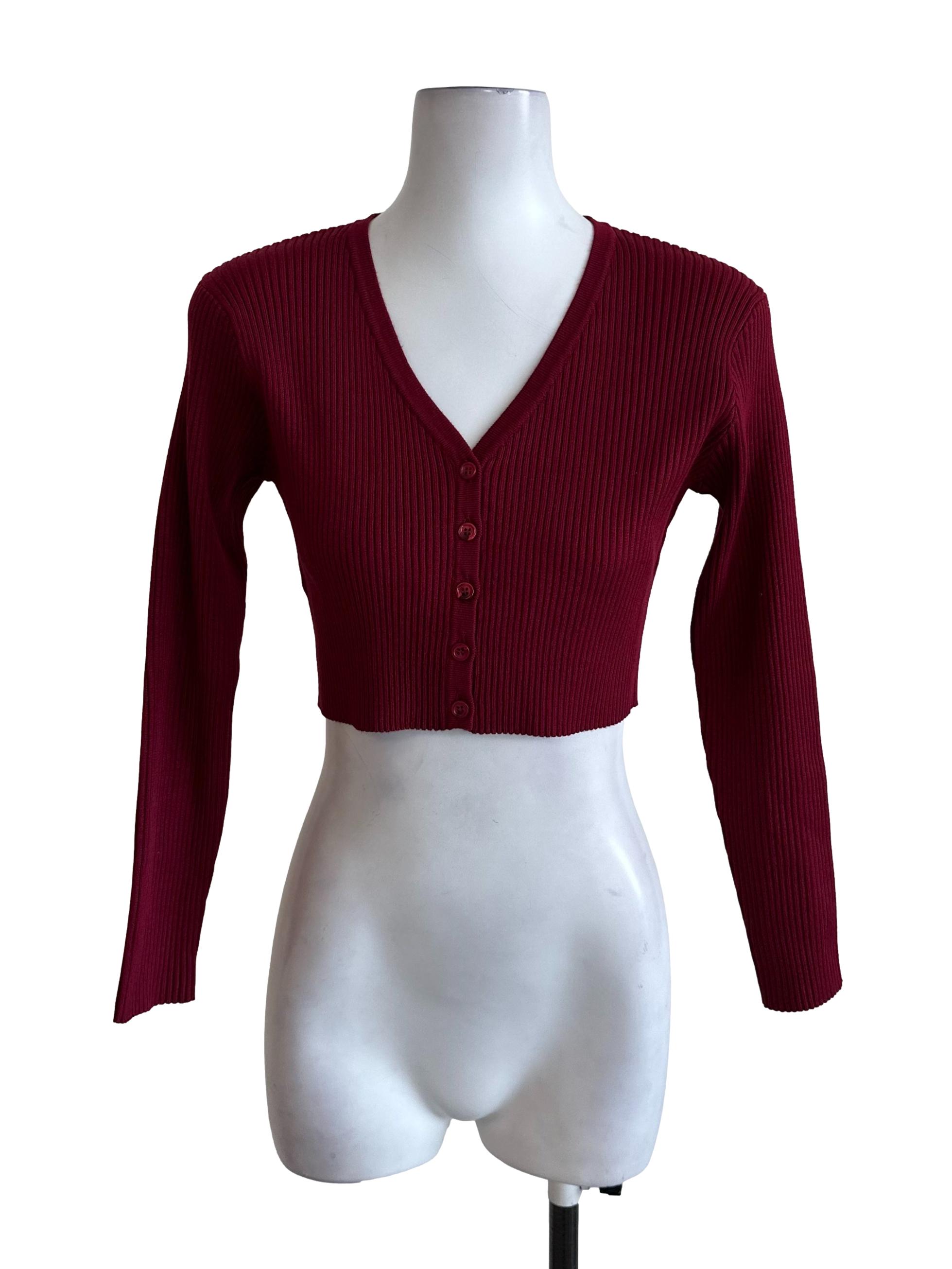 Maroon Red V Neck Knit Crop Cardigan