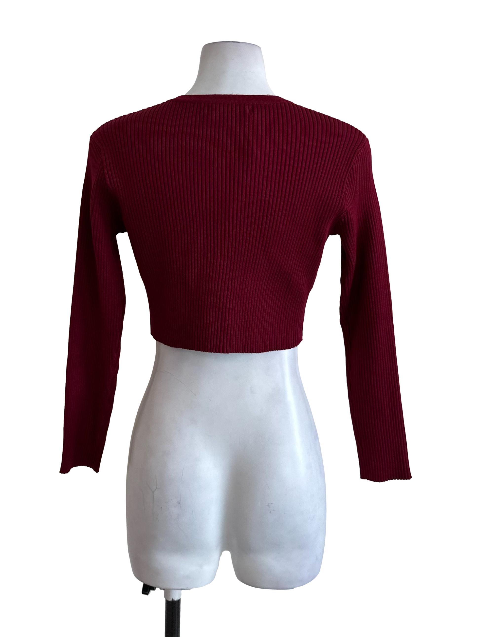 Maroon Red V Neck Knit Crop Cardigan