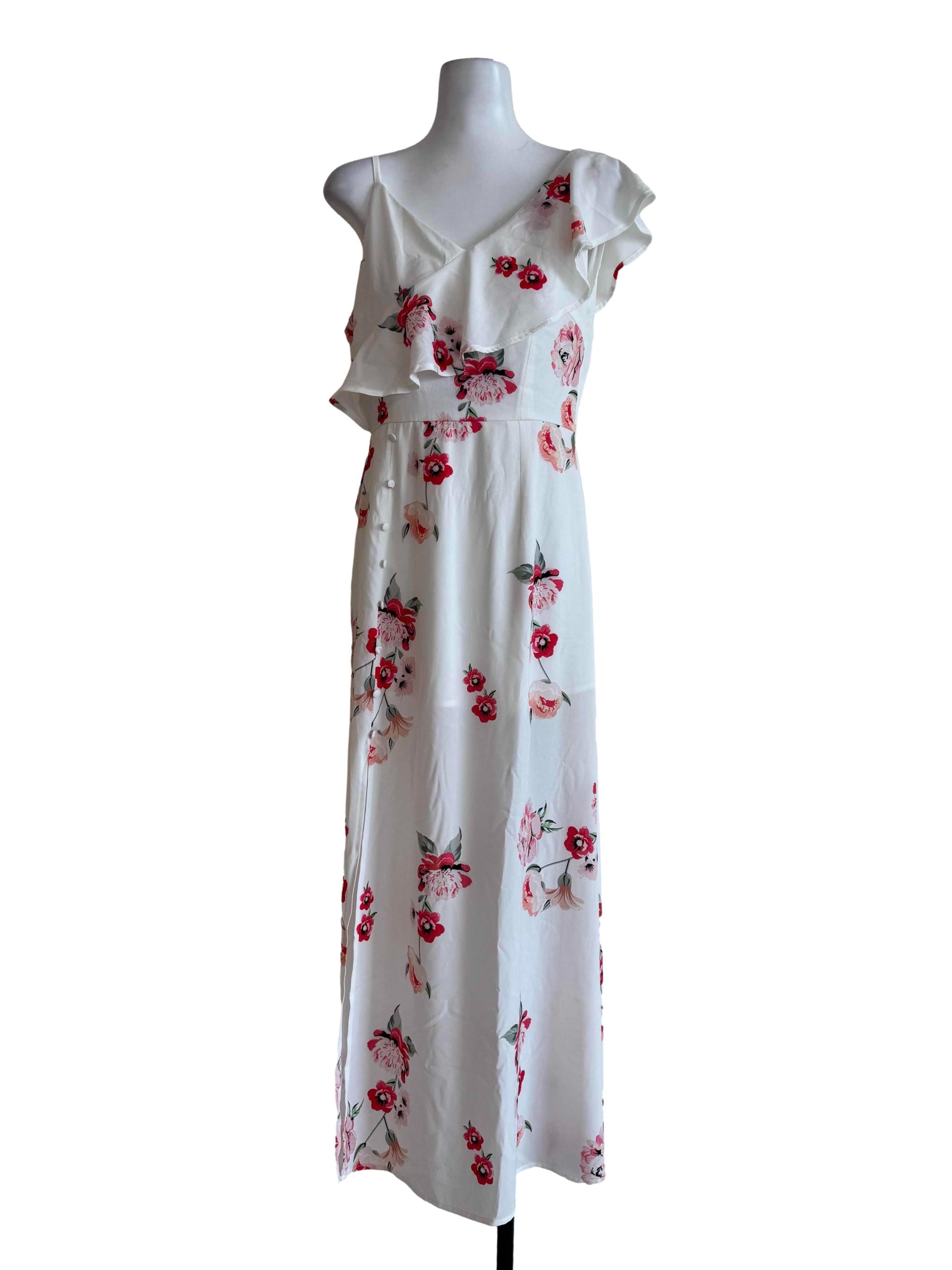 Bride White With Red Floral Motif V Neck Dress