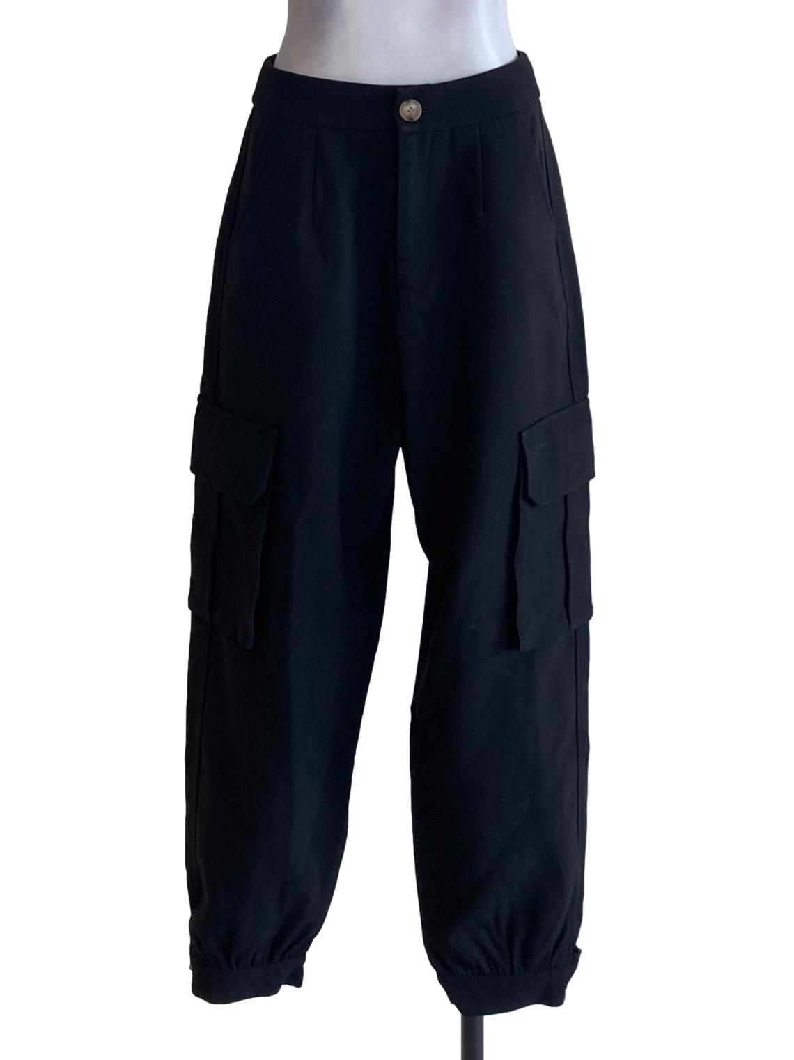 Matte Black Buttoned Waist Cargo Track Pants
