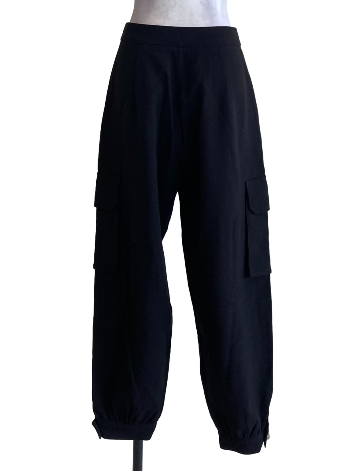 Matte Black Buttoned Waist Cargo Track Pants