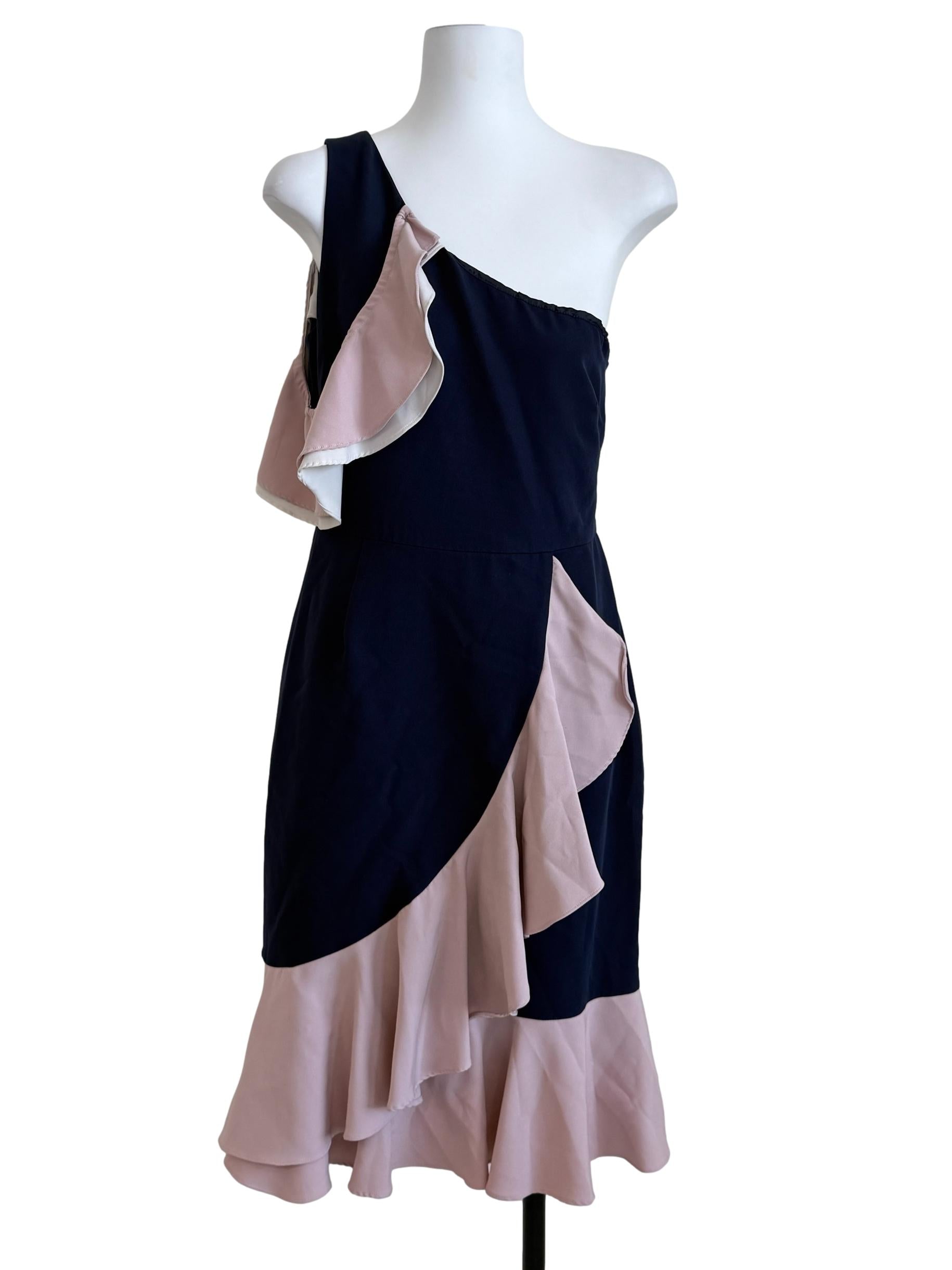 Two Tone Asymmetrical Neck Ruffle Dress