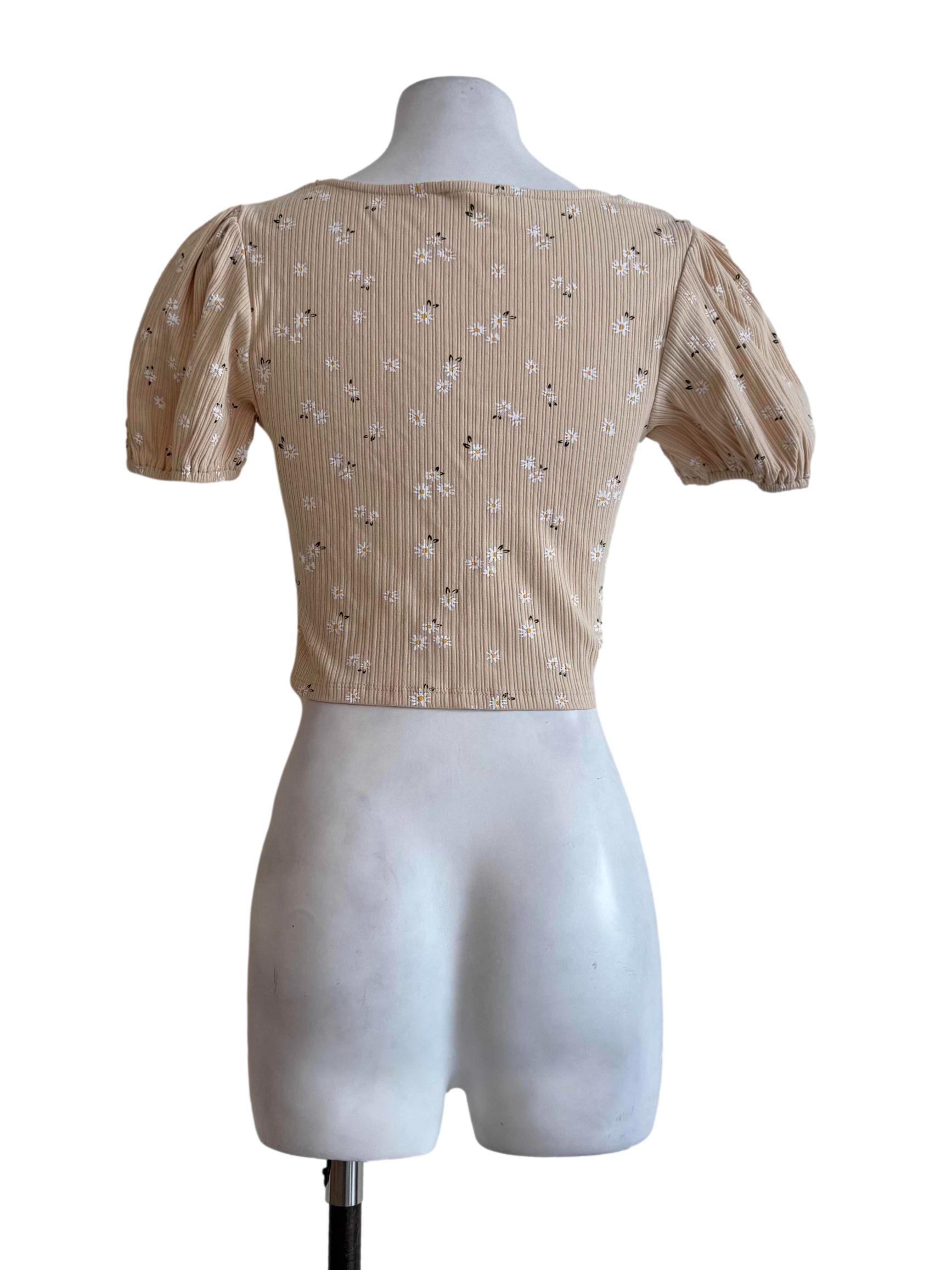 Buff Yellow Floral Motif Scoop Neck Top
