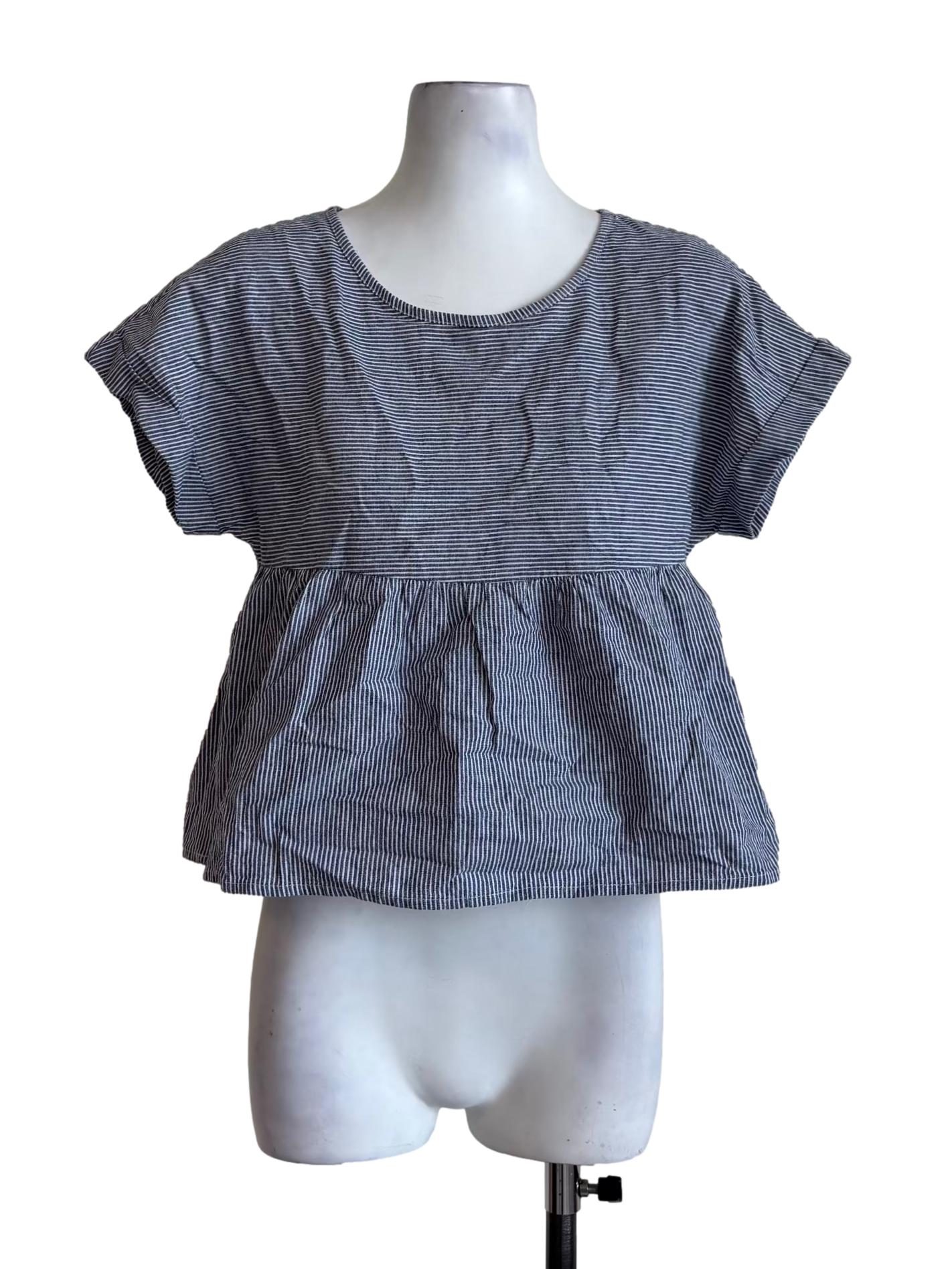 Dark Blue Striped Cotton Peplum Blouse