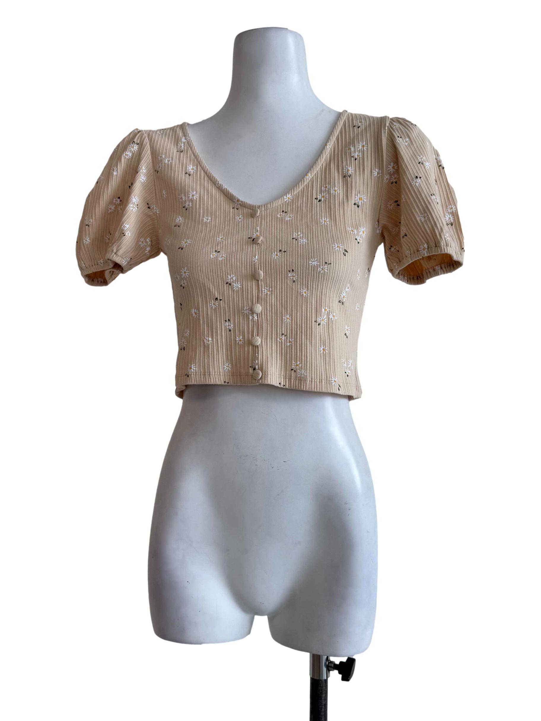 Buff Yellow Floral Motif Scoop Neck Top