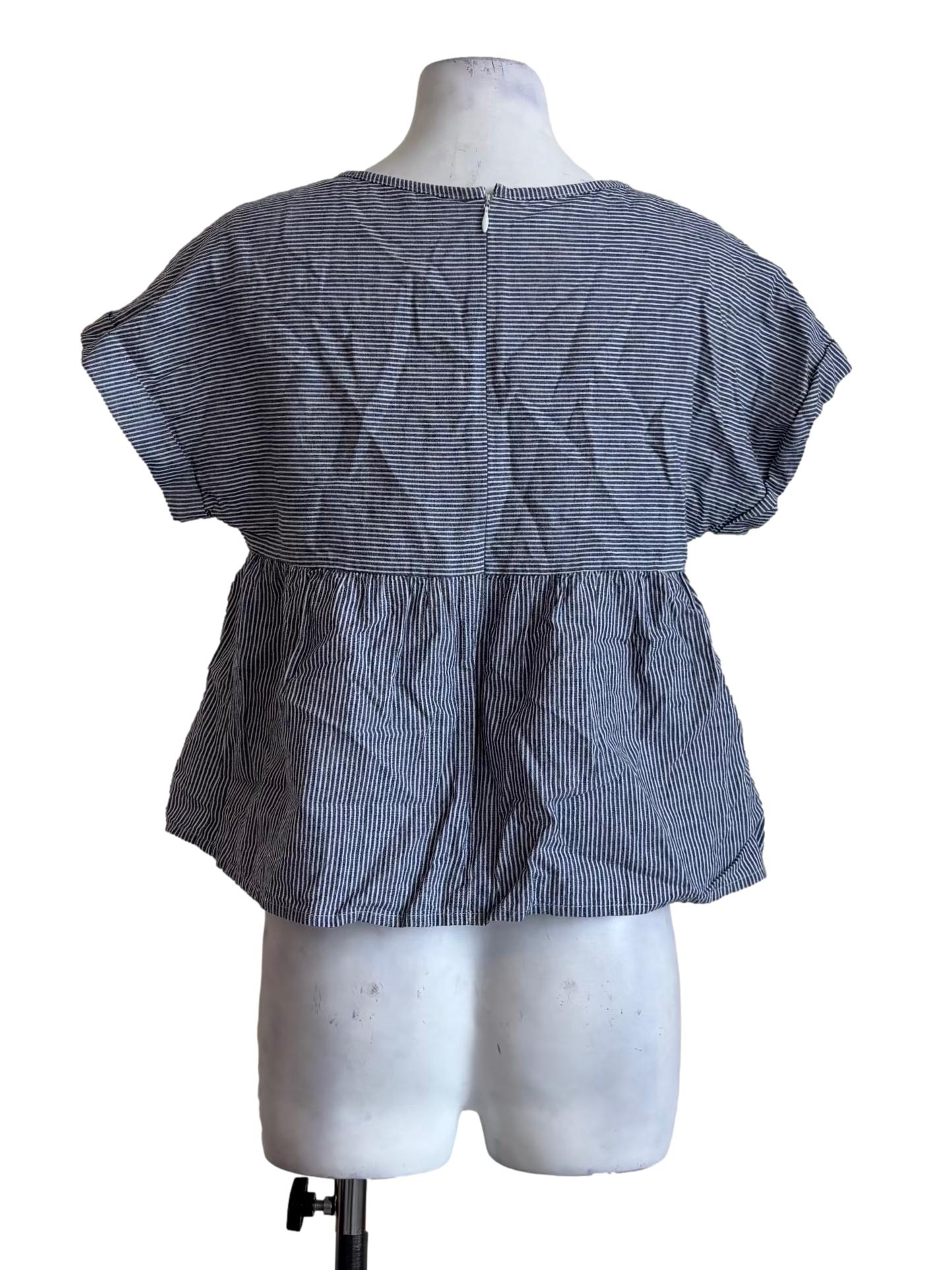 Dark Blue Striped Cotton Peplum Blouse