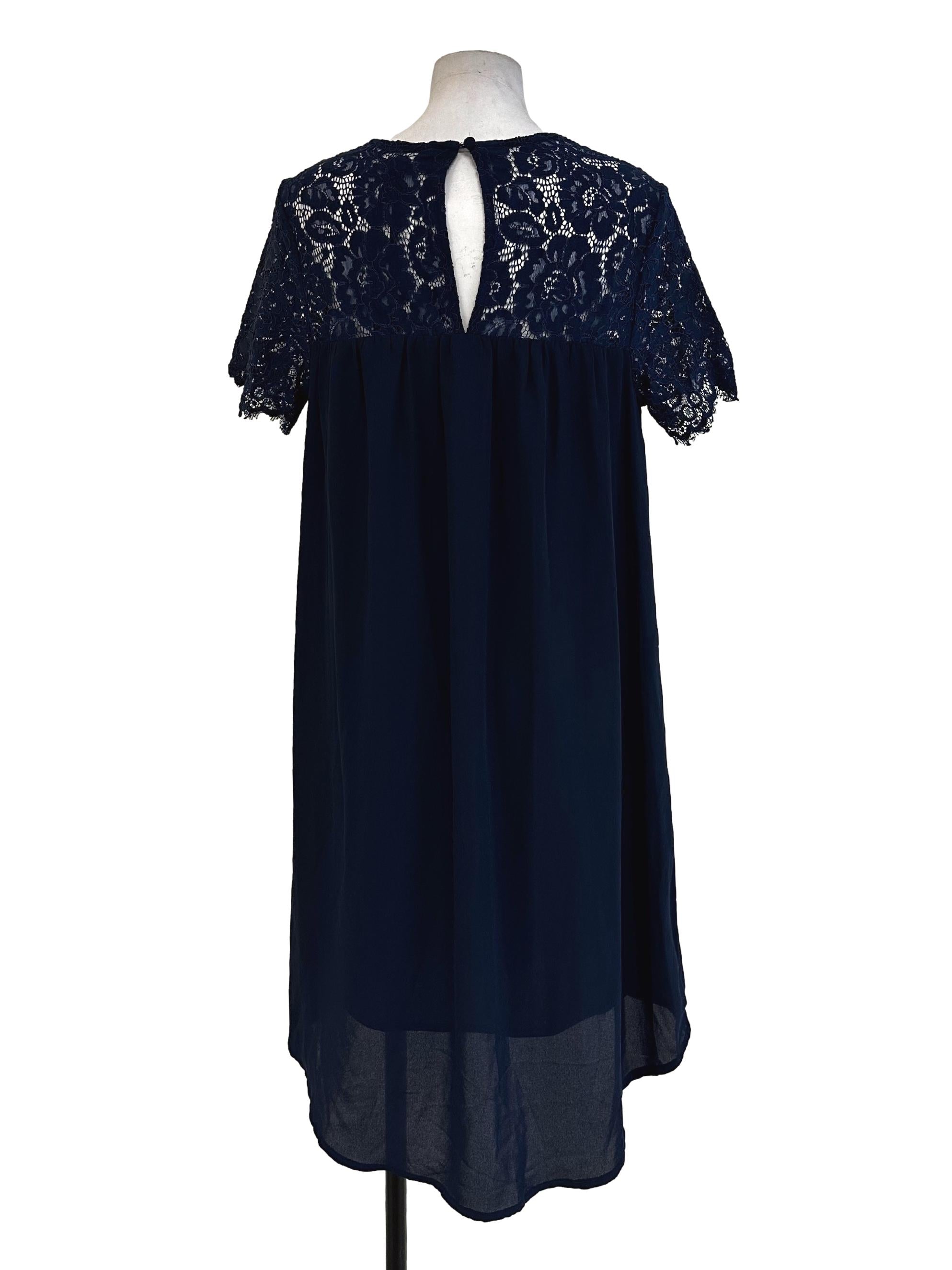 Navy Blue Lace Neckline Pattern Dress