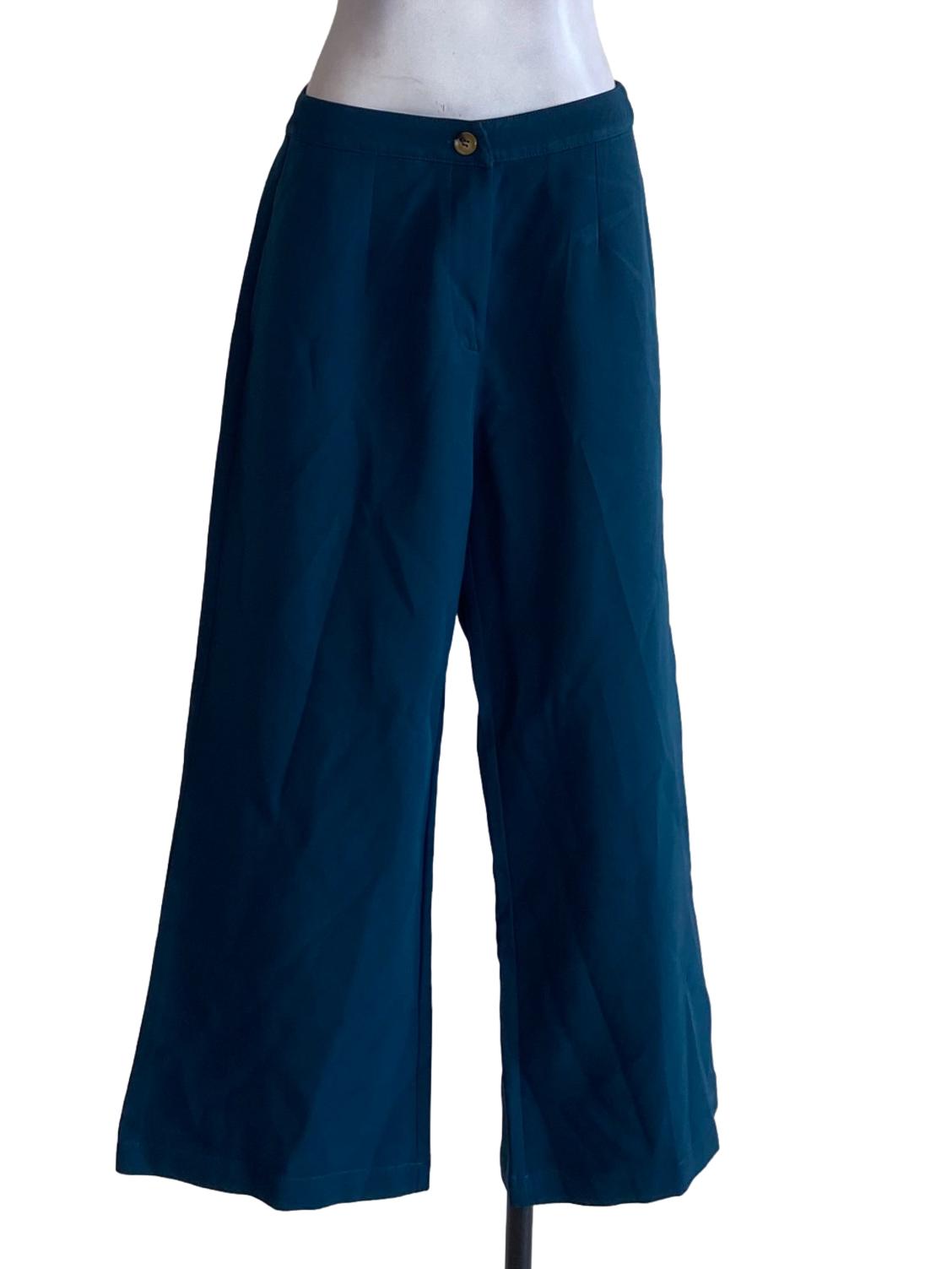 Peacock Blue Buttoned Waist Wide Leg Pants