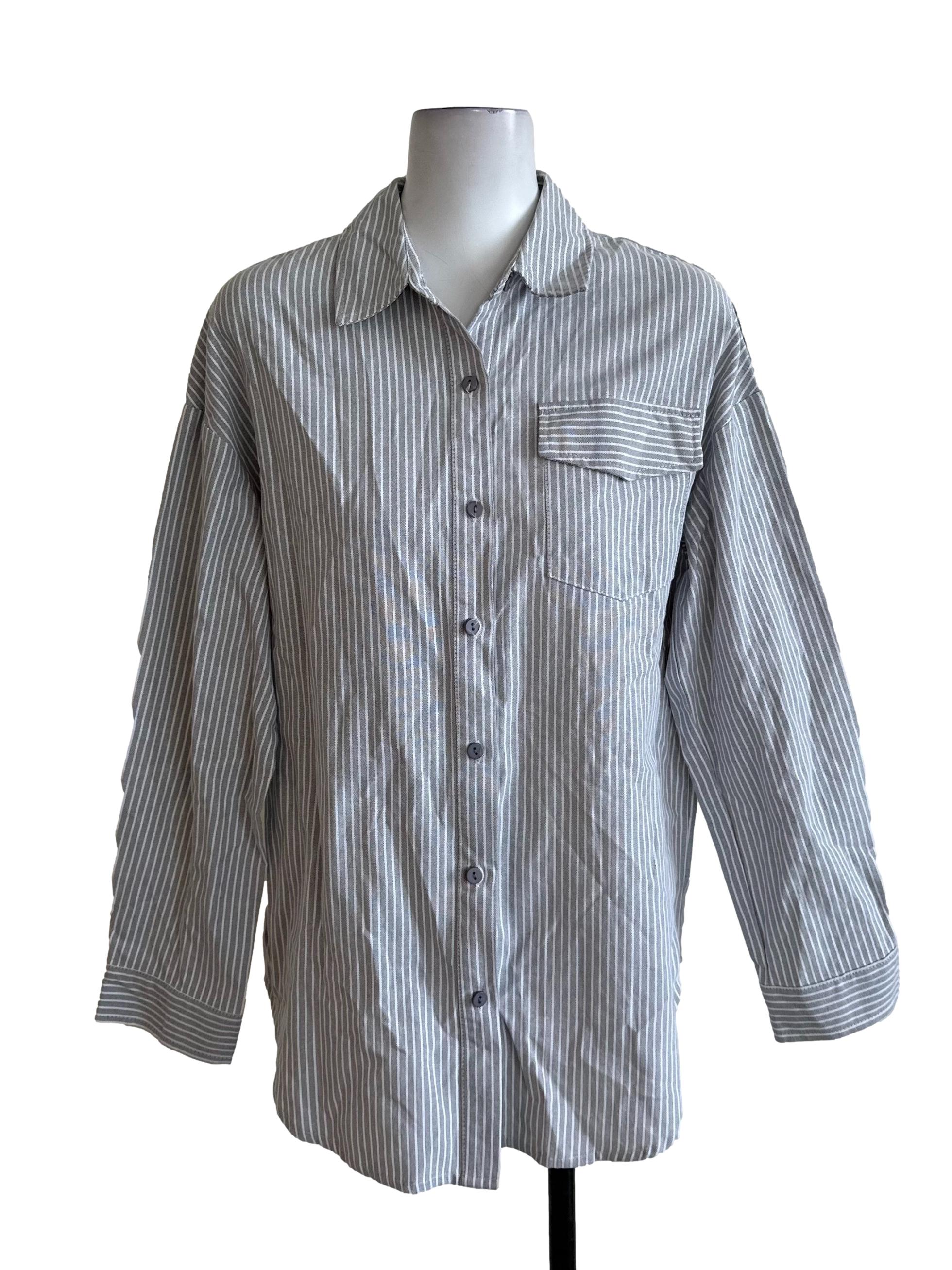 Ash Grey Stripe Collar Button Top