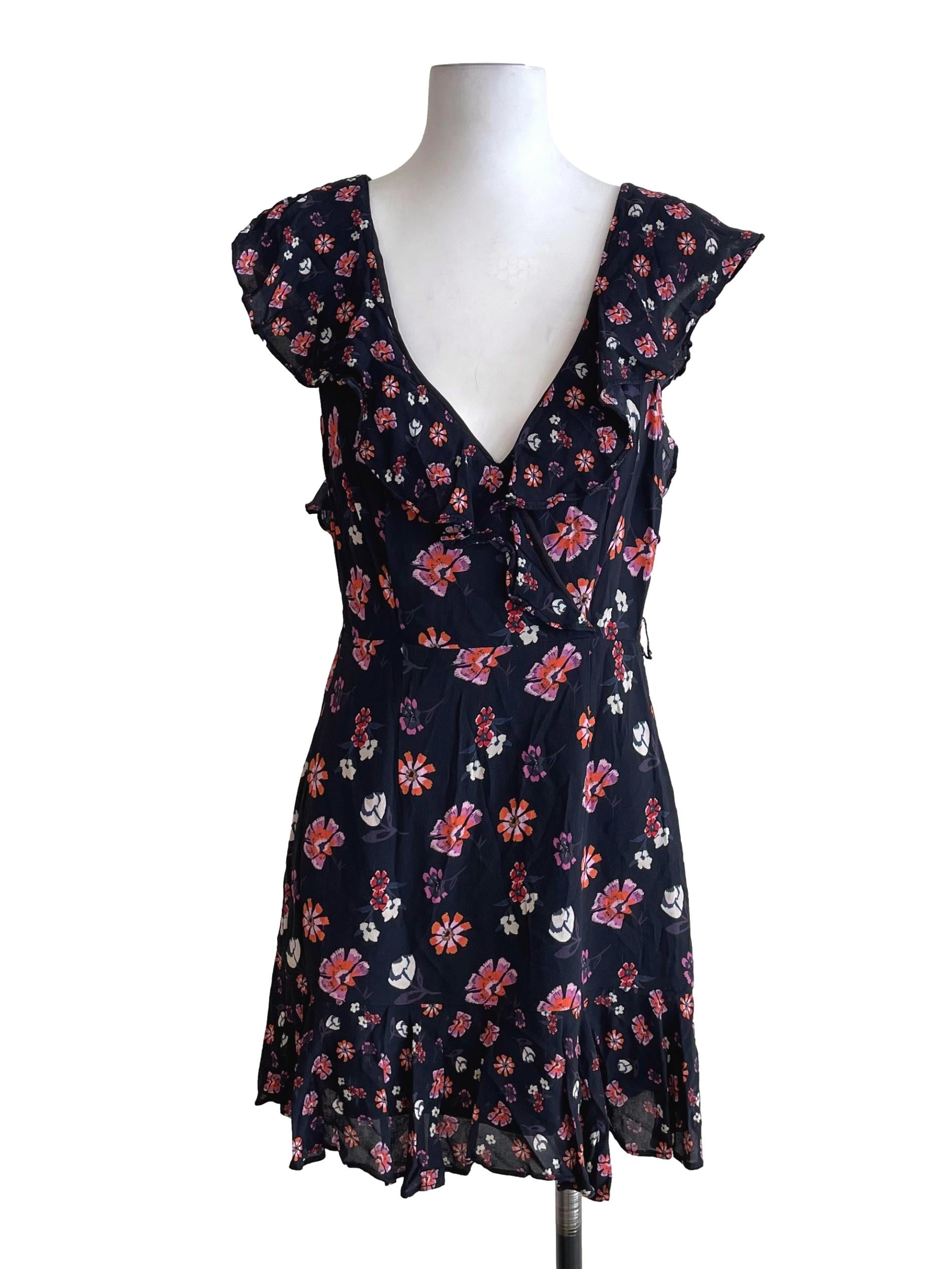 Denim Black Floral Wendy Wrap Ruffles Dress