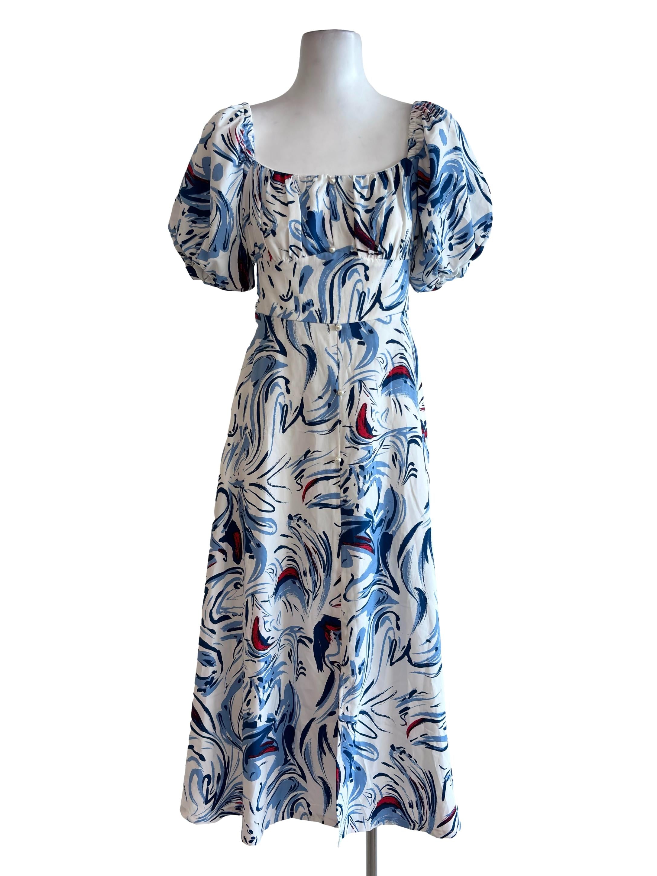White Blue Pattern Puff Sleeve Dress