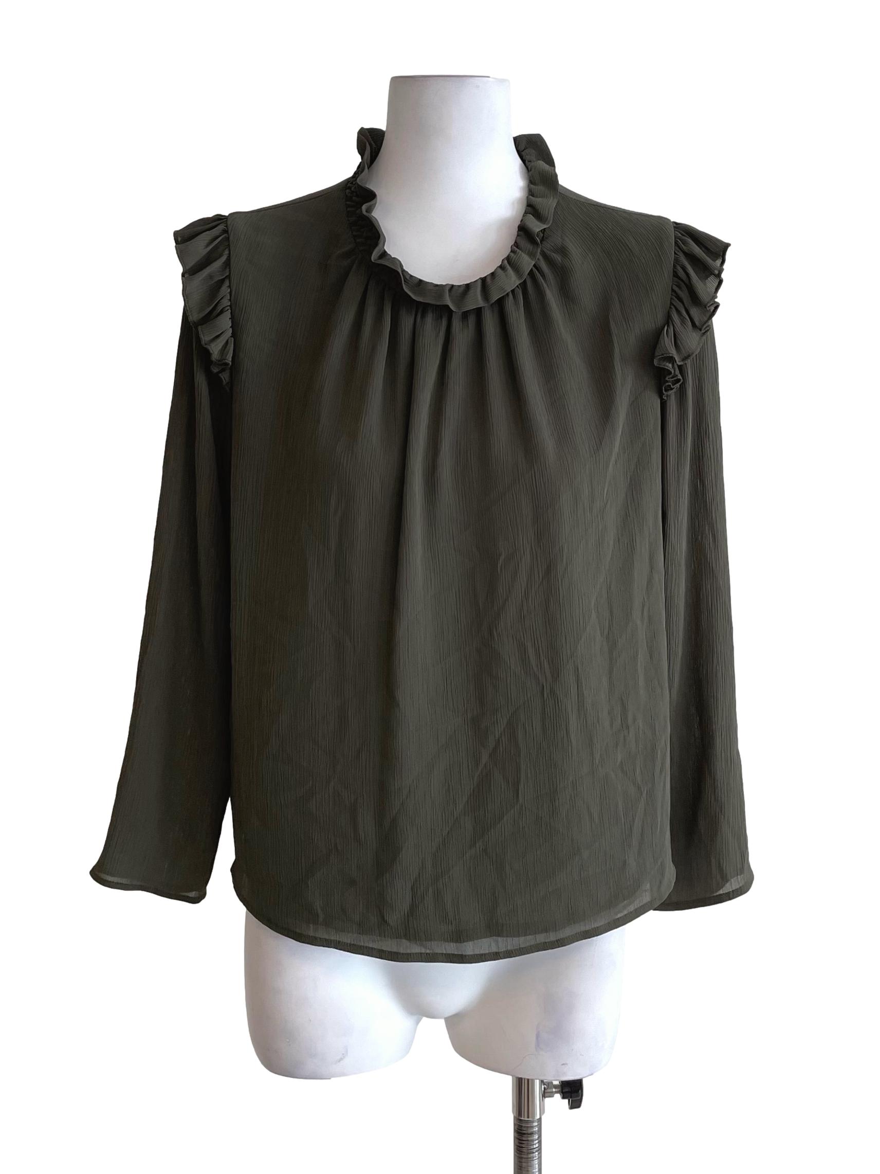 Olive Green Creased Ruffle Neck Top