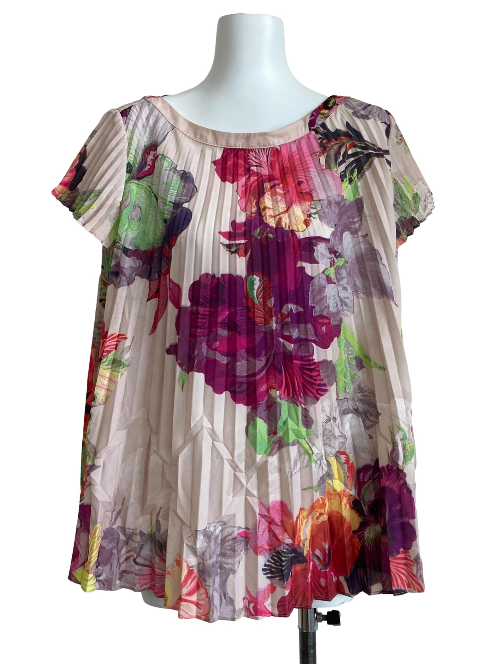 Ivory Beige Floral Pleated Blouse