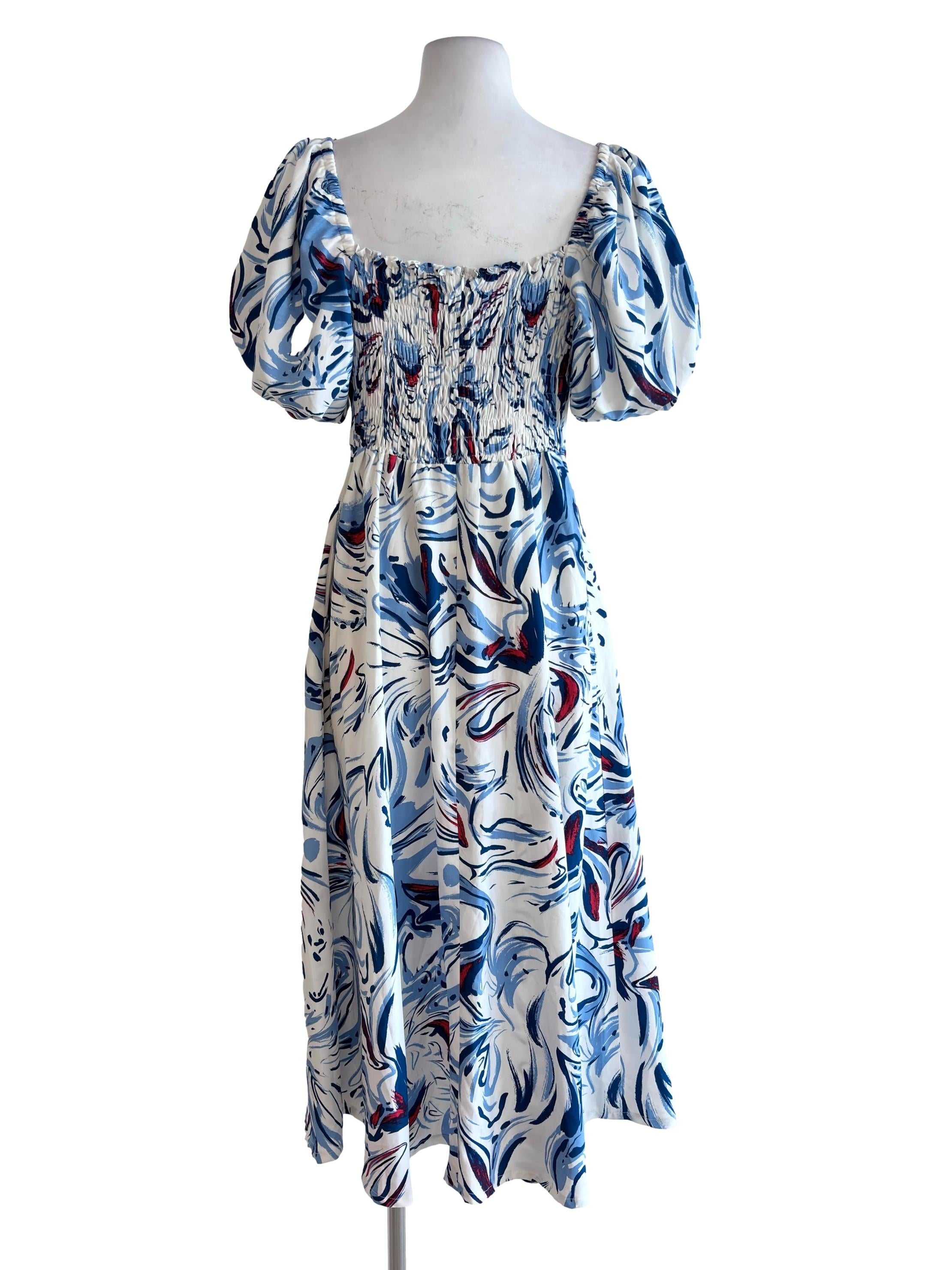 White Blue Pattern Puff Sleeve Dress