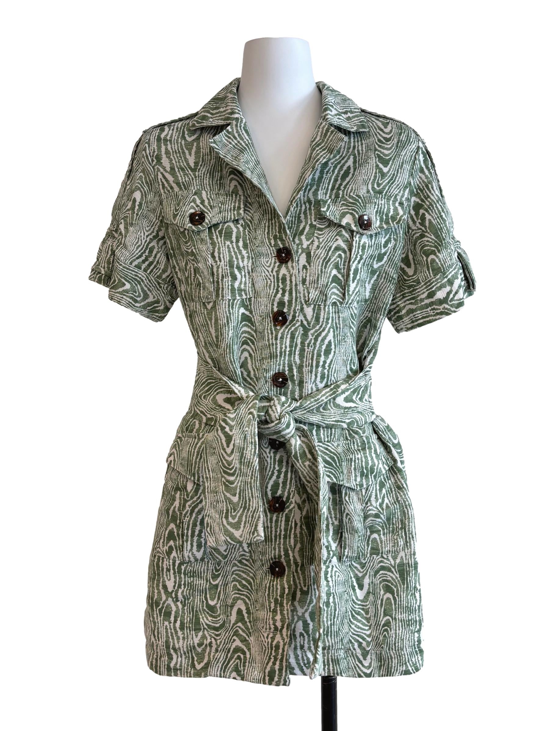 Moss Green Patterned Buttoned Dress