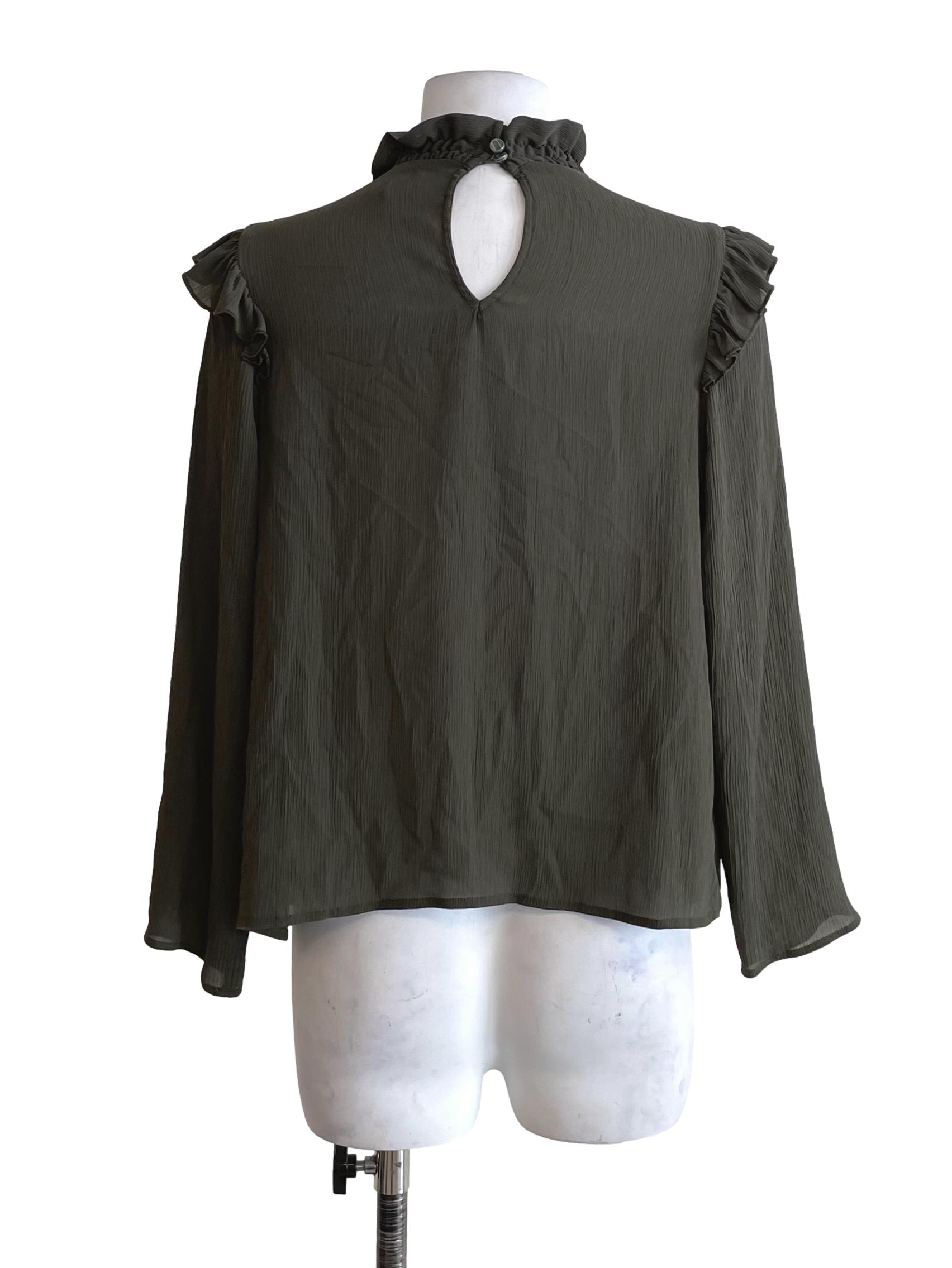 Olive Green Creased Ruffle Neck Top