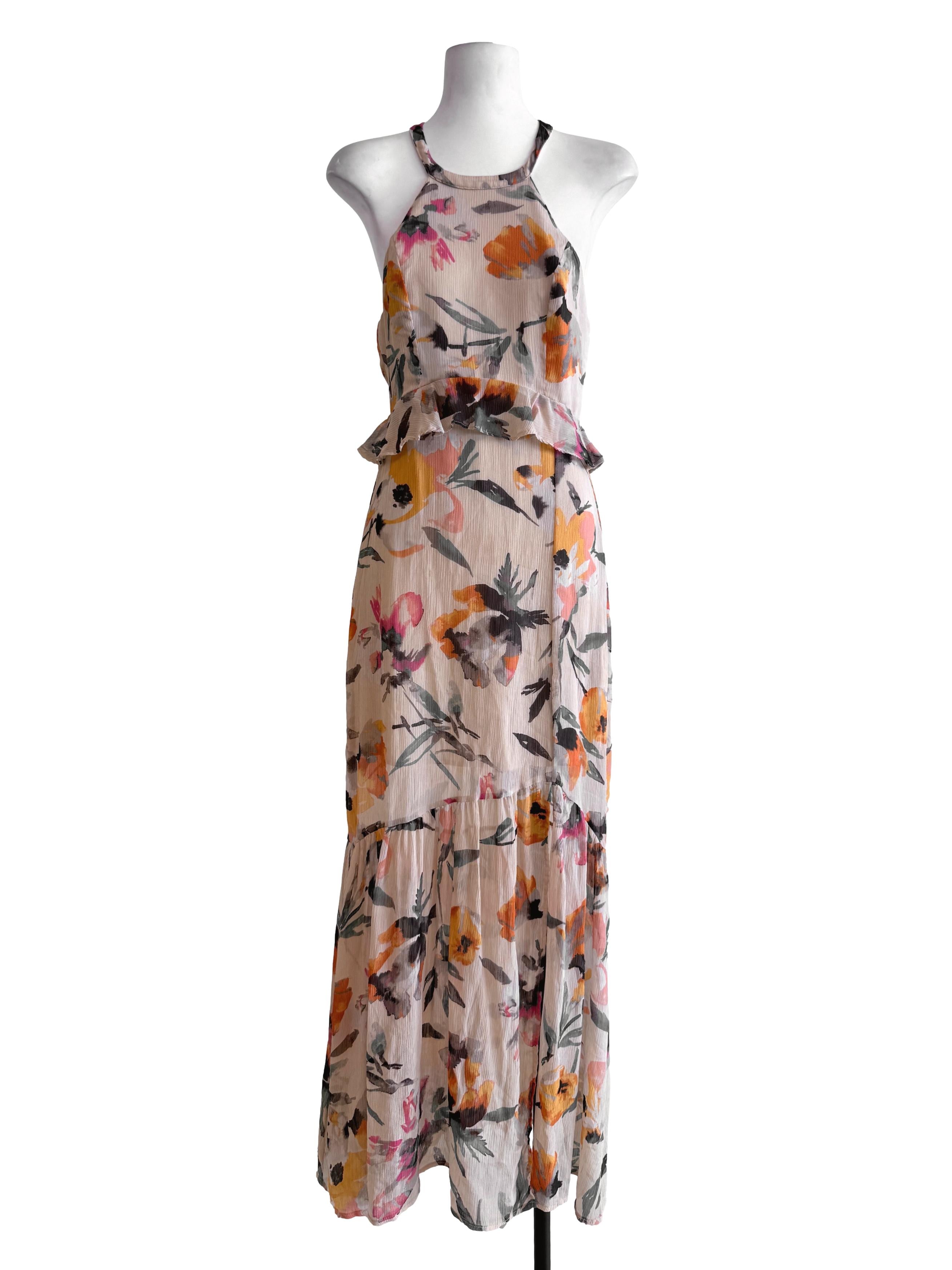 Beige Floral Halter Open Back Dress