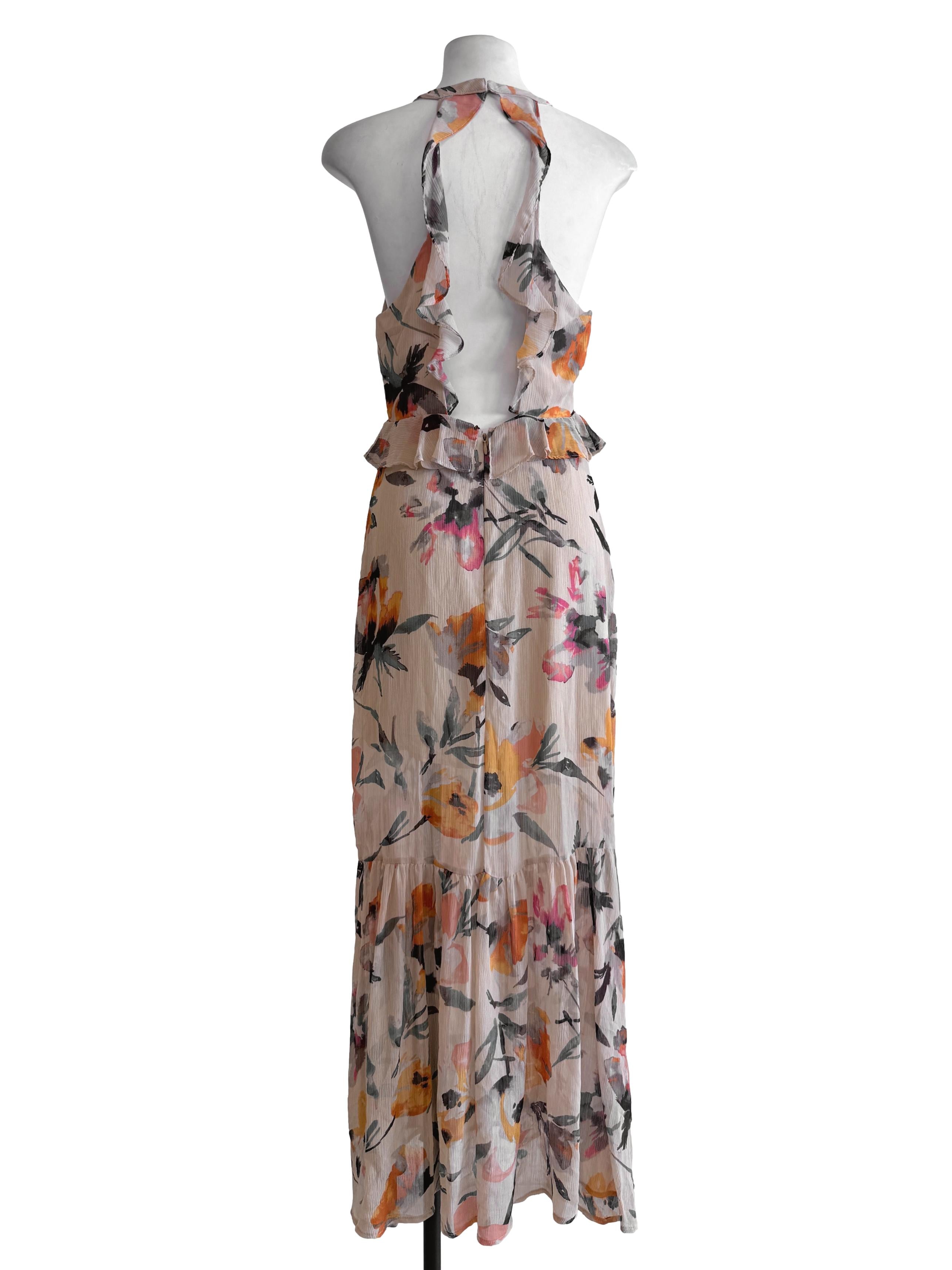 Beige Floral Halter Open Back Dress