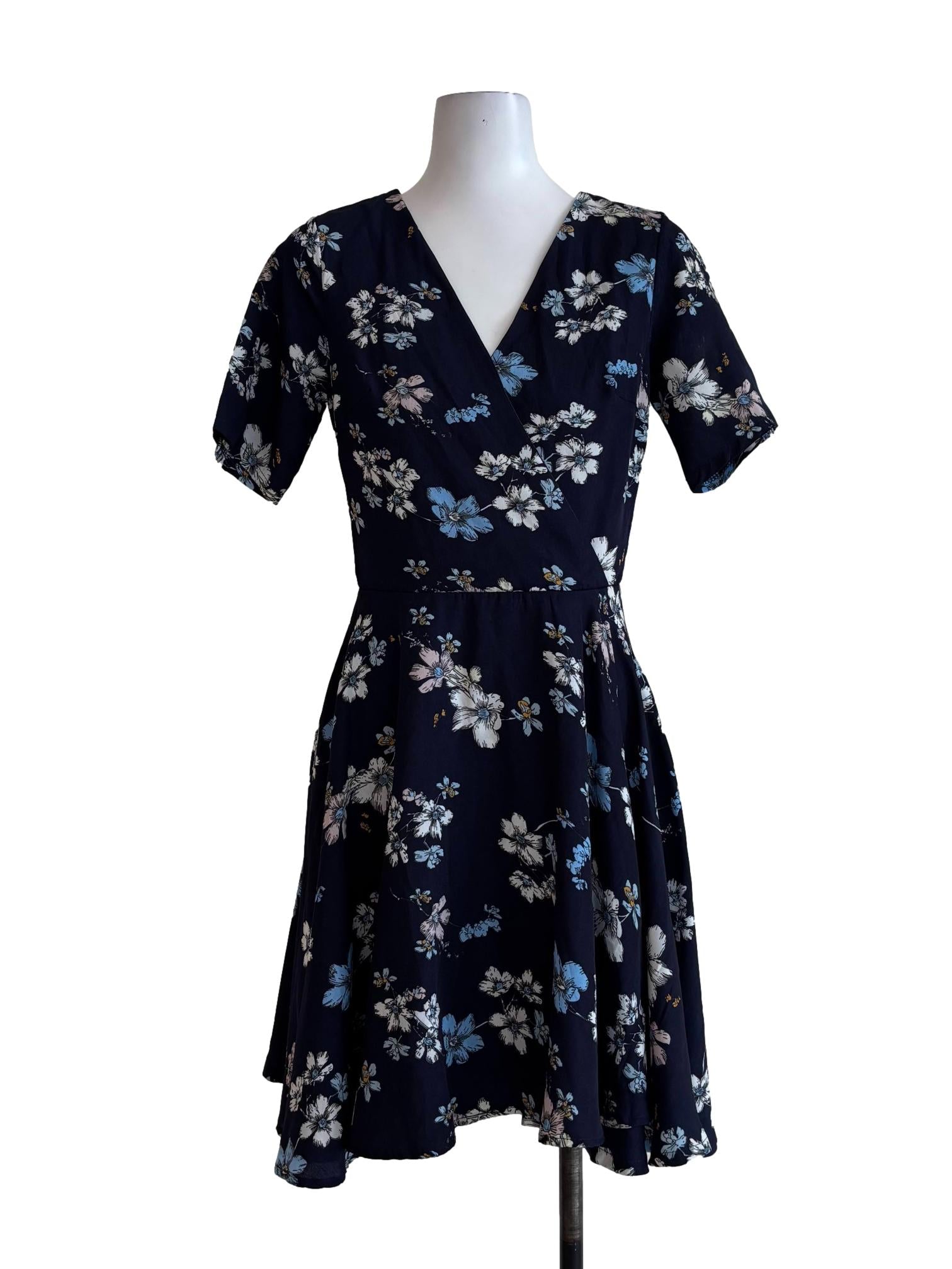 Dark Blue Floral A-Line Dress