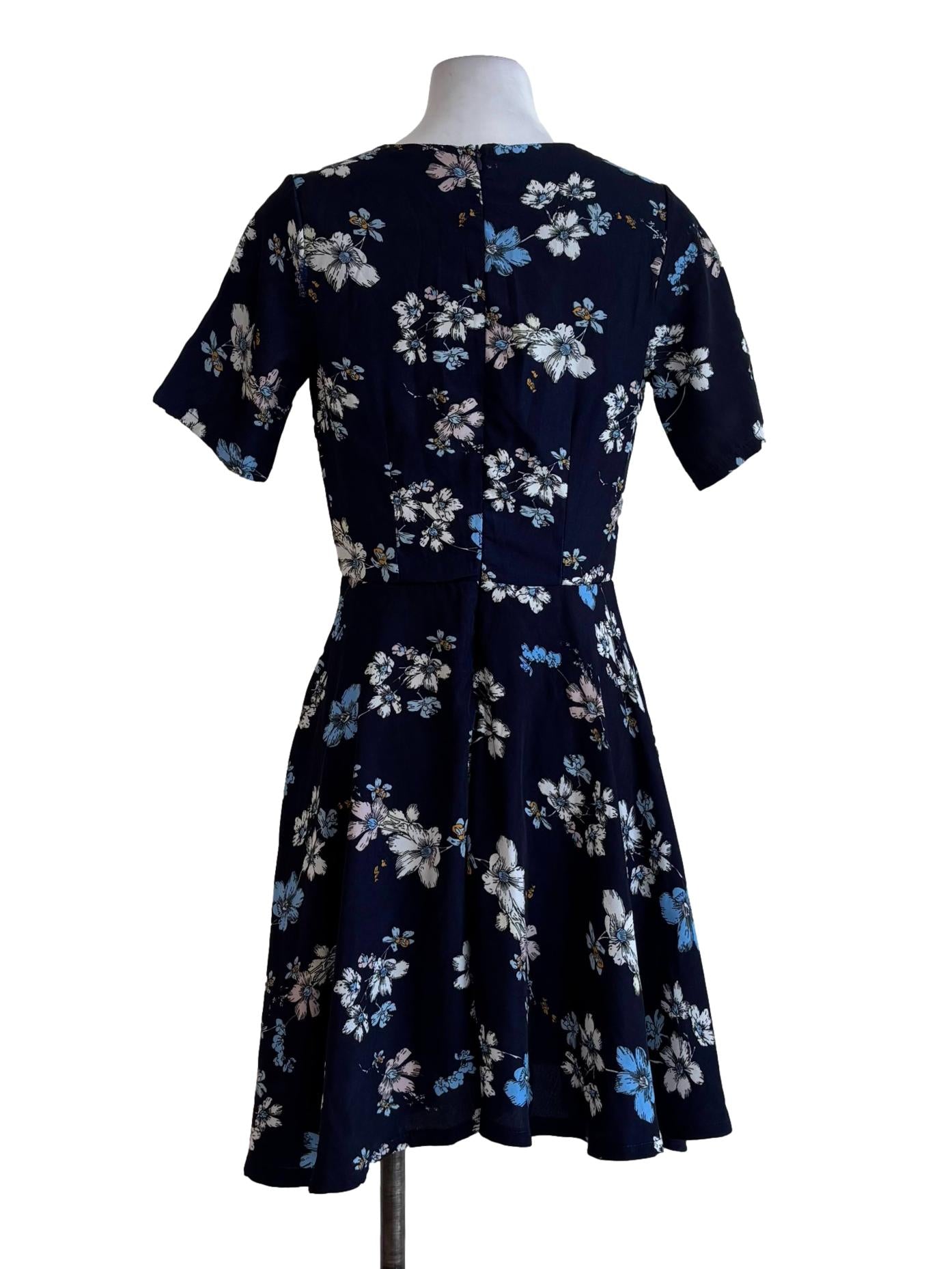 Dark Blue Floral A-Line Dress