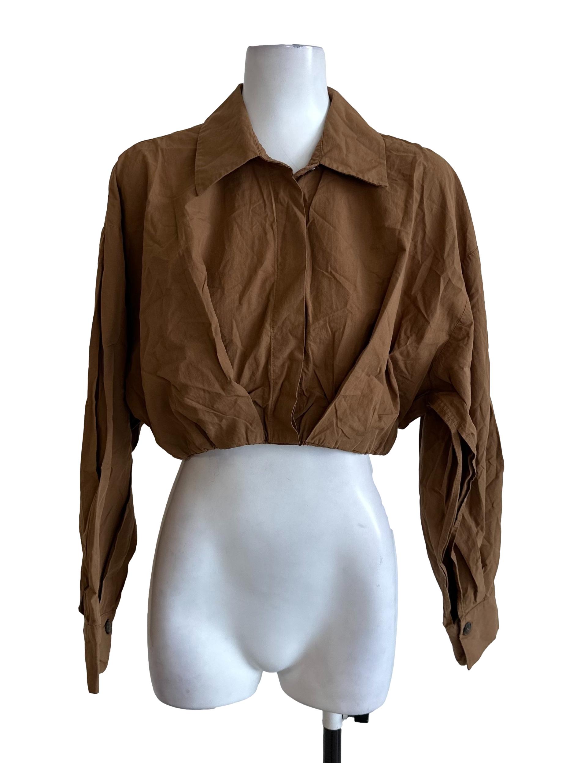 Caramel Brown Collar Long Sleeve Crop Top