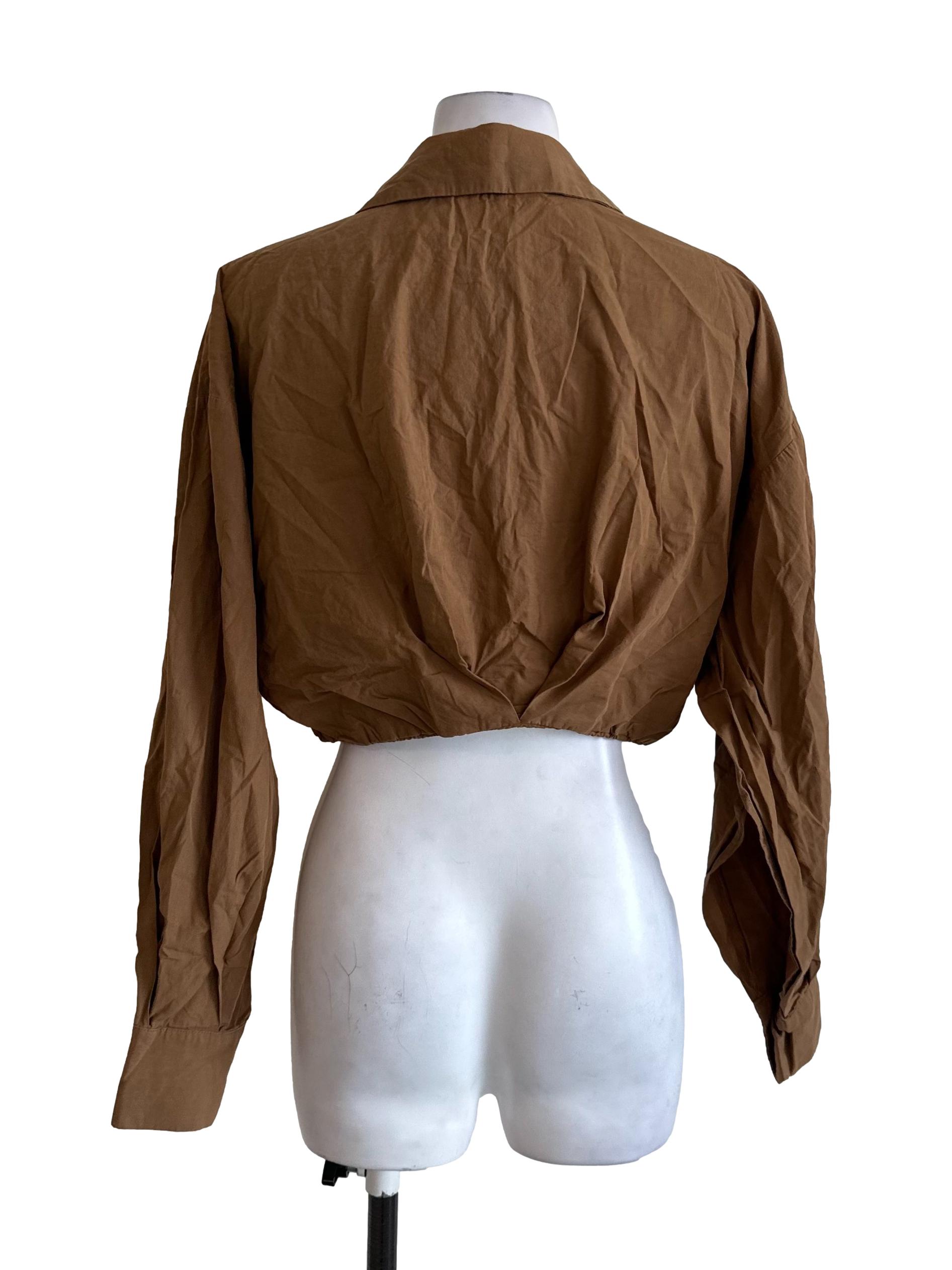 Caramel Brown Collar Long Sleeve Crop Top