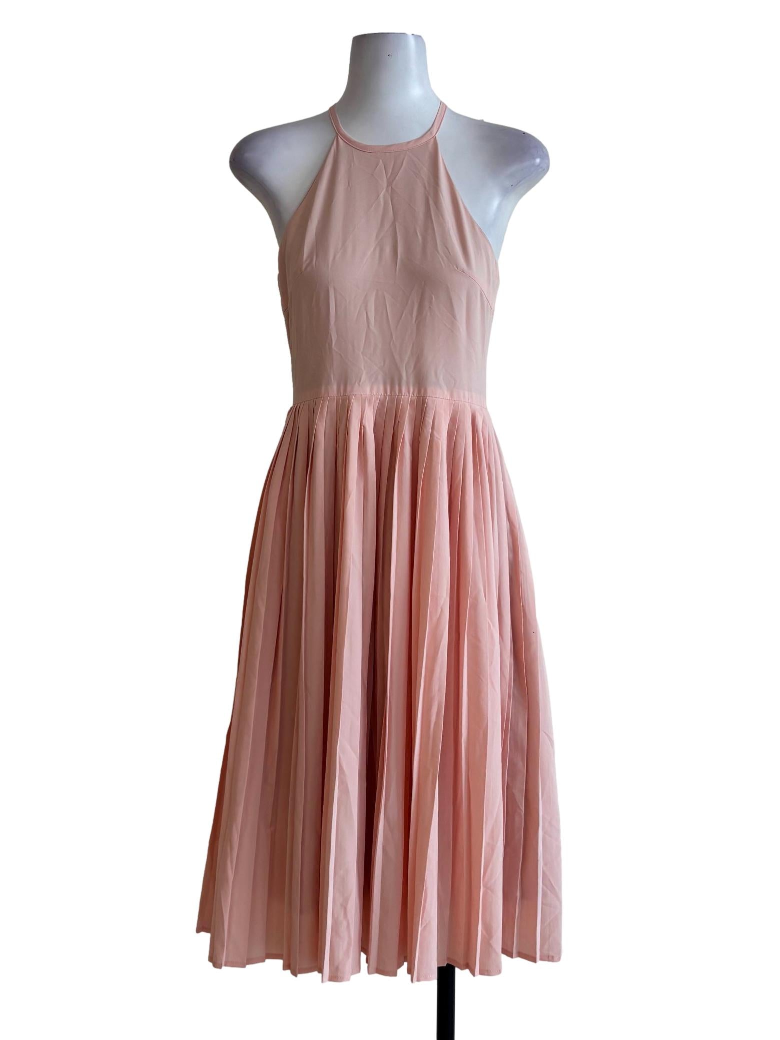 Pastel Pink Halter Neck Pleated Dress