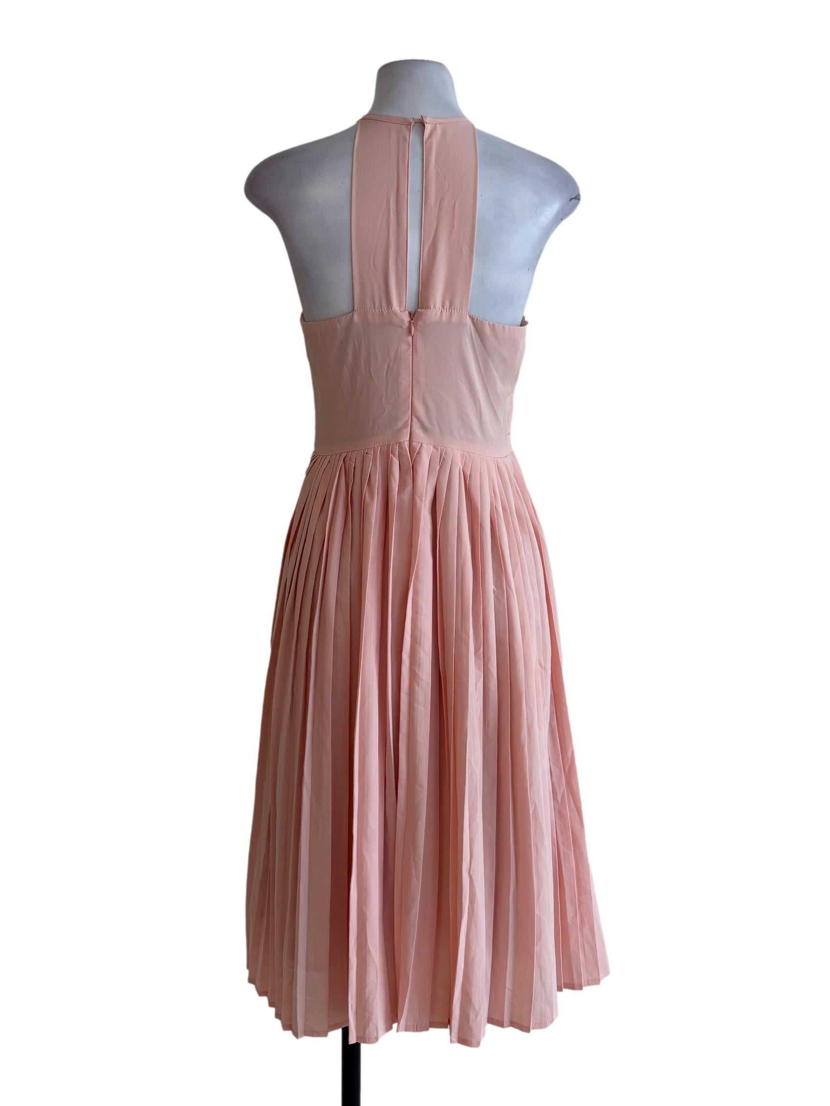 Pastel Pink Halter Neck Pleated Dress
