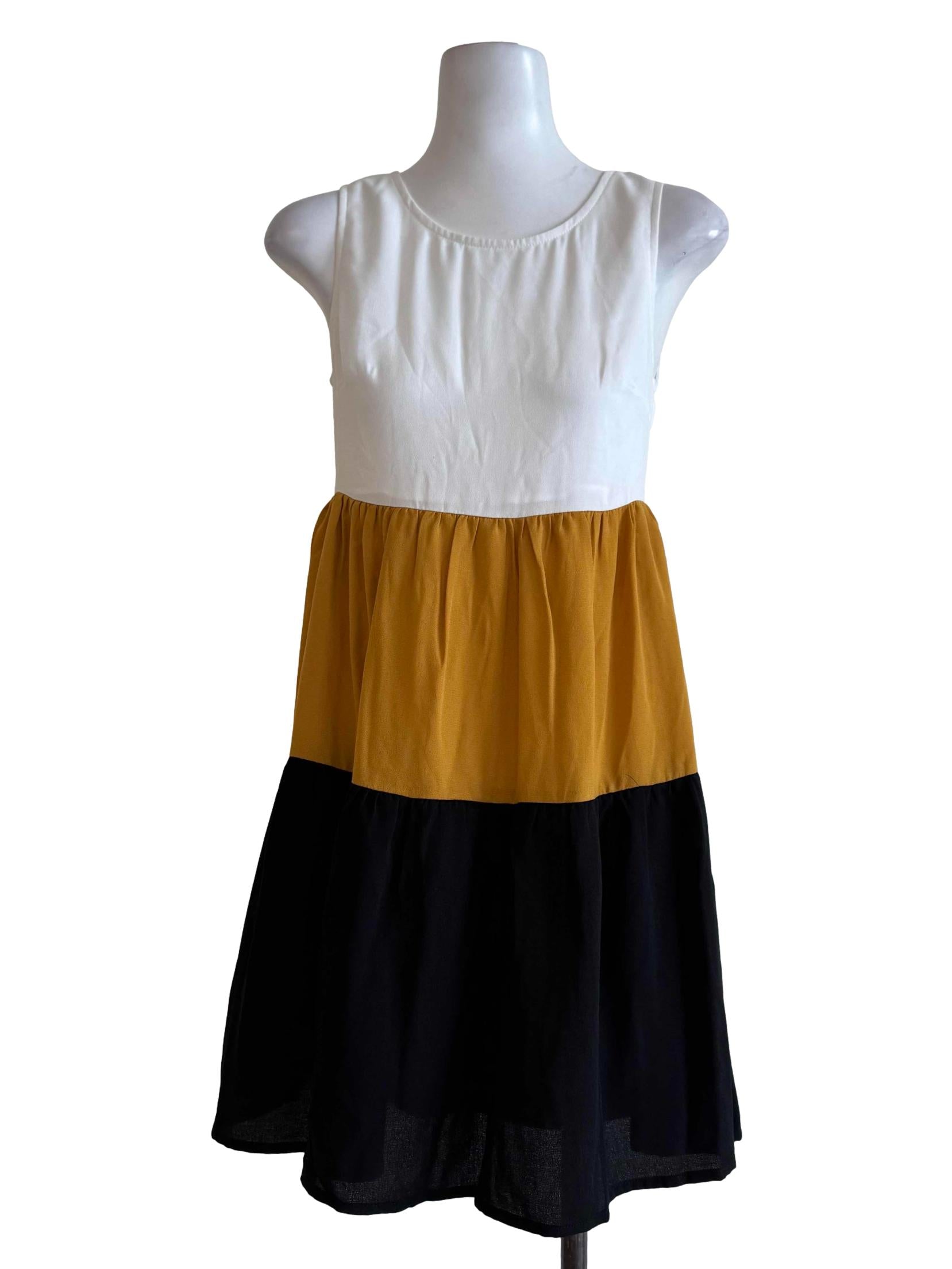Tri-Color Round Neck Empire Dress