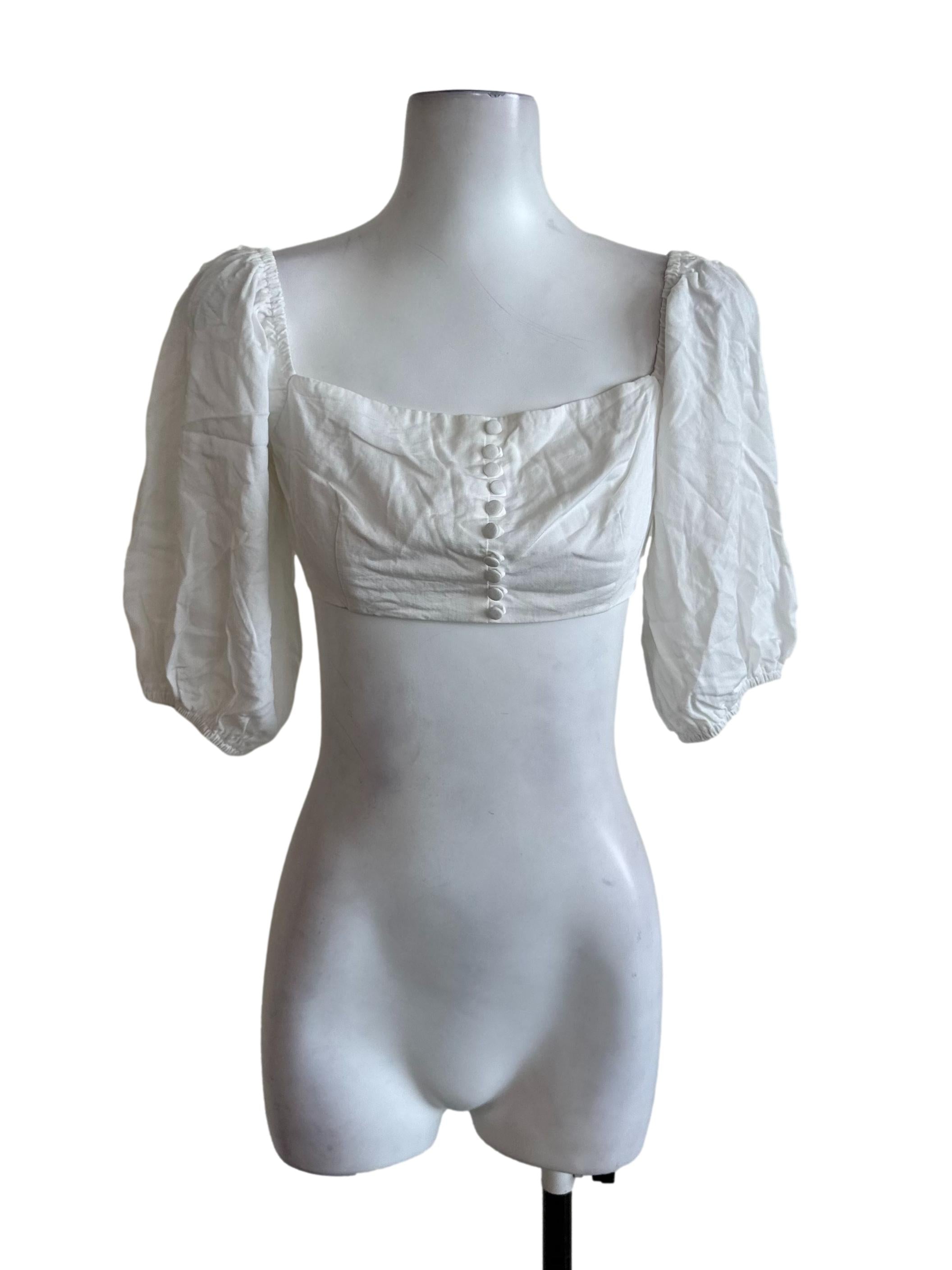Salt White Button Puff Sleeve Crop Top