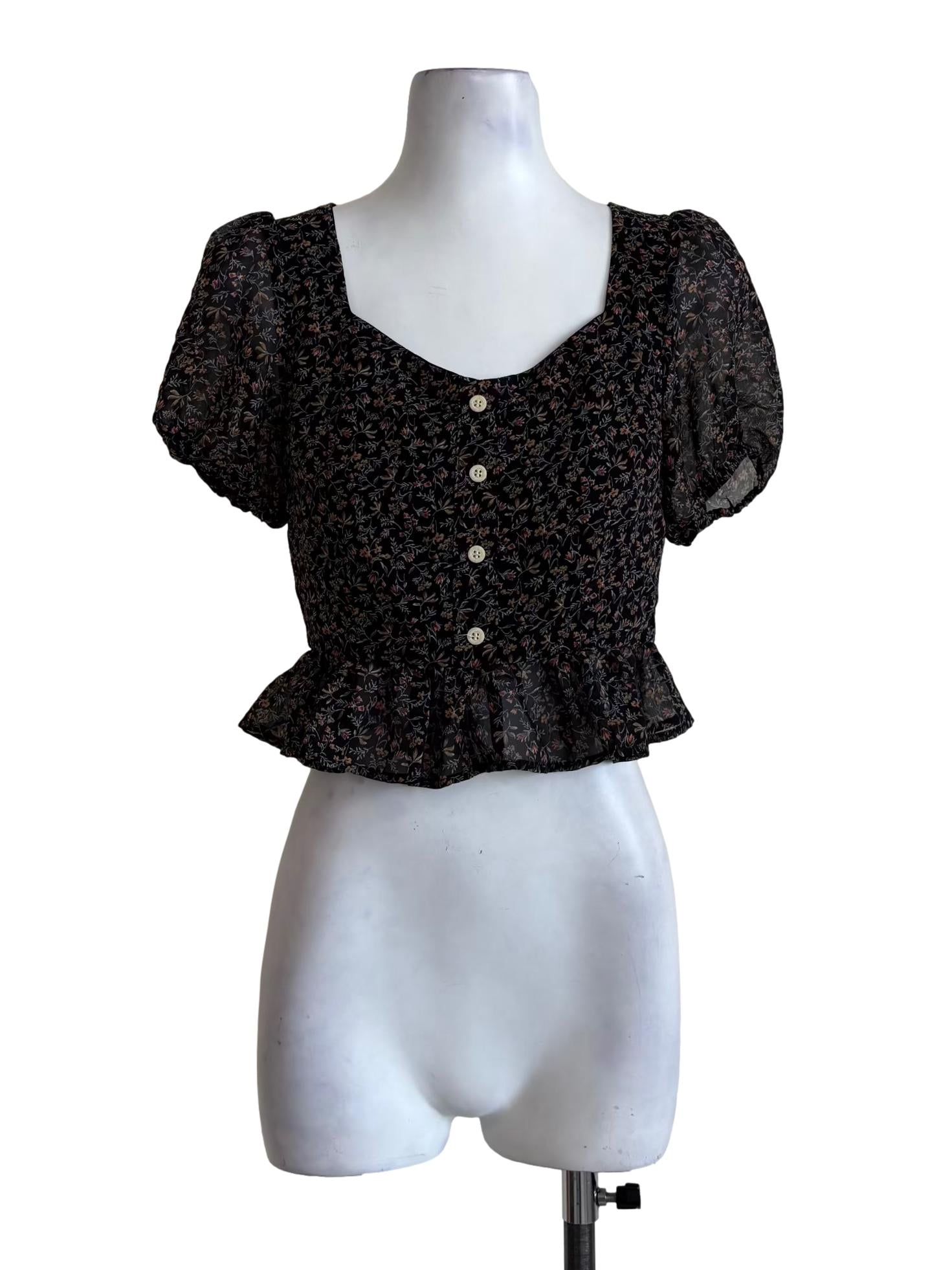 Black Floral Chiffon Peplum Top