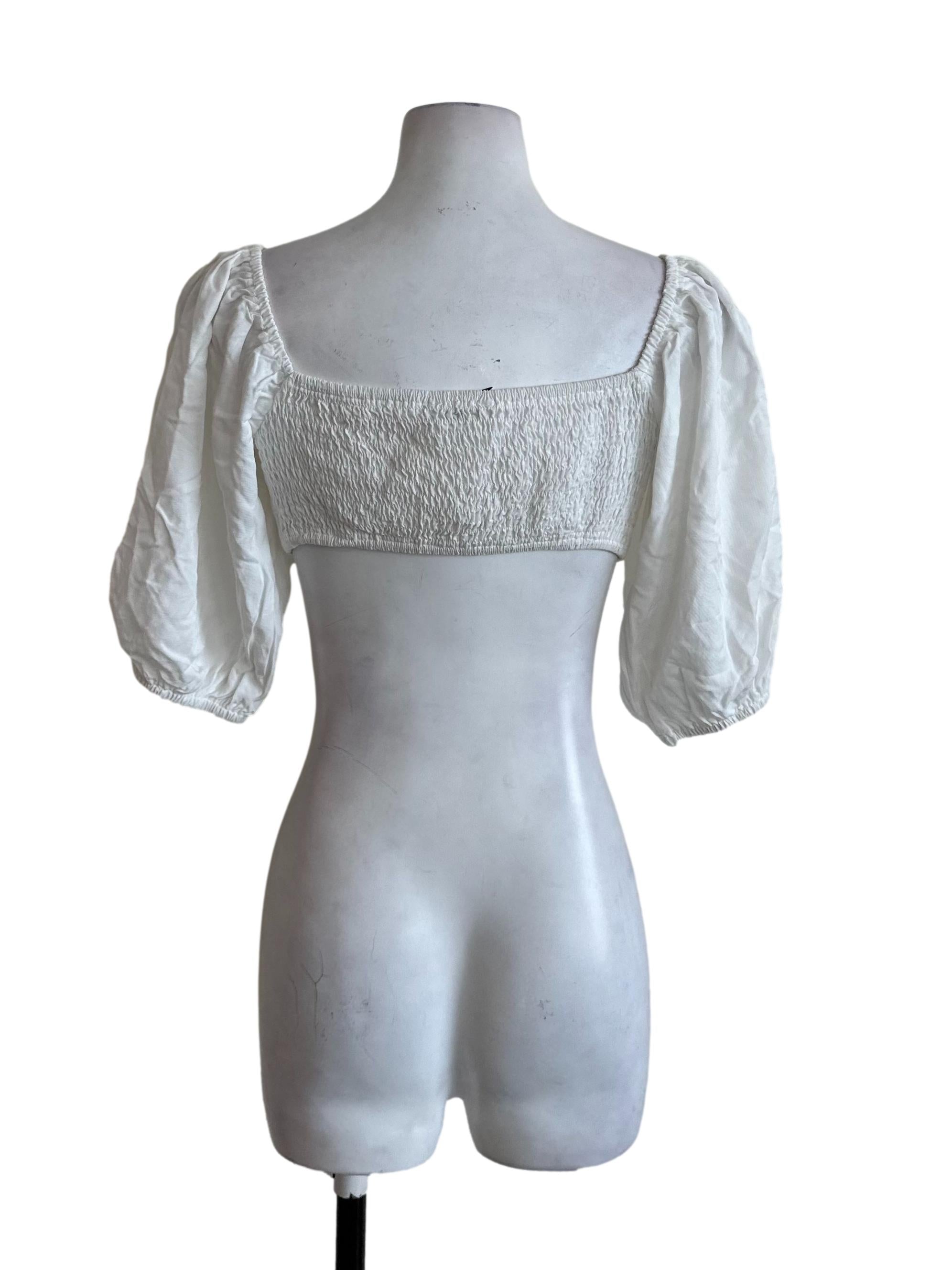 Salt White Button Puff Sleeve Crop Top