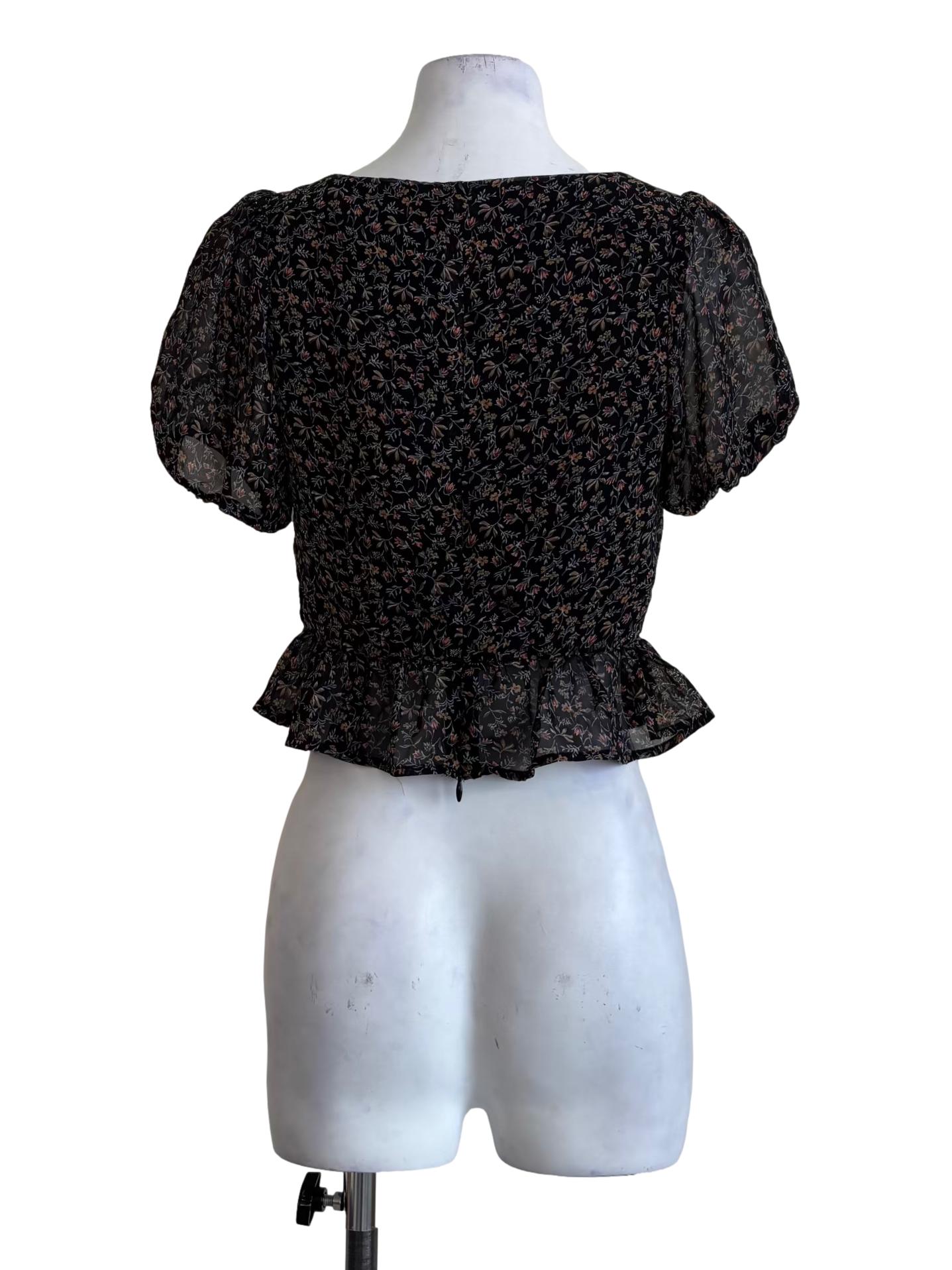 Black Floral Chiffon Peplum Top