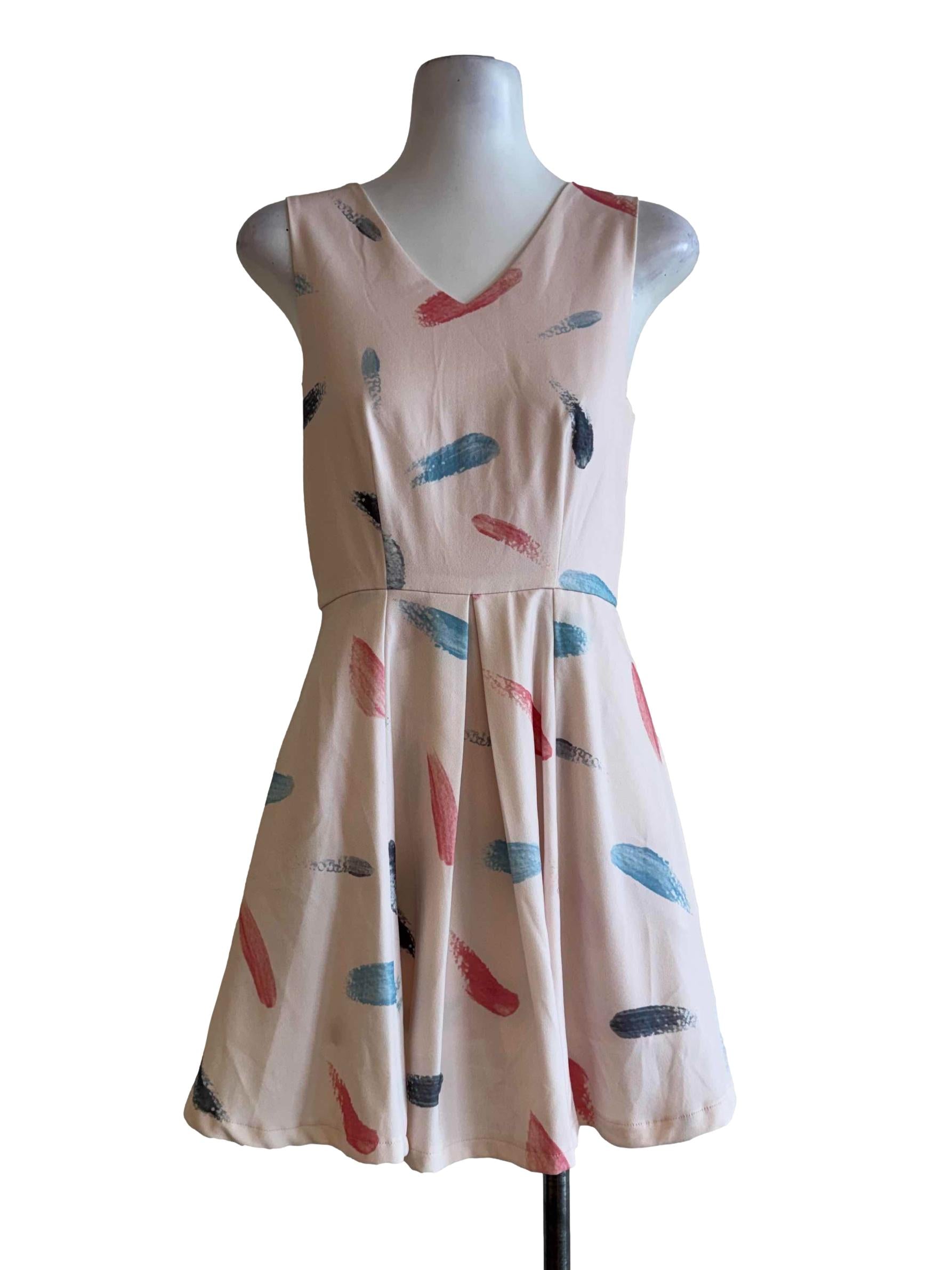 Pale Peach With Motifs V Neck Dress