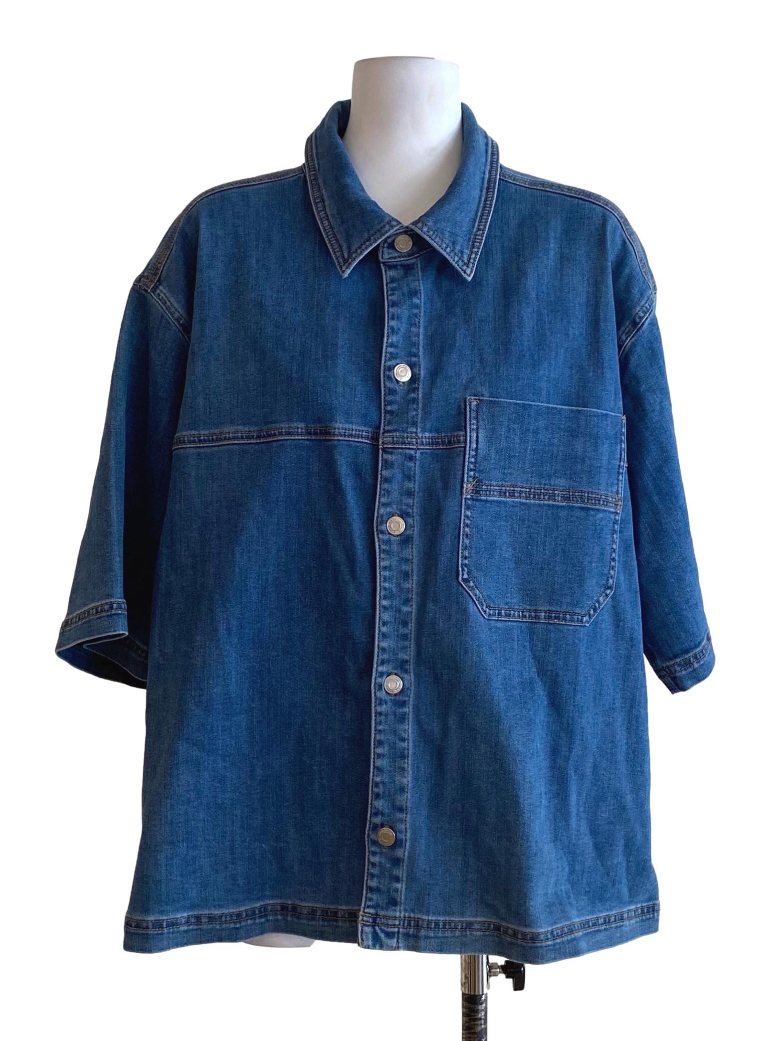 Deep Denim Blue Button Down Boxy Top