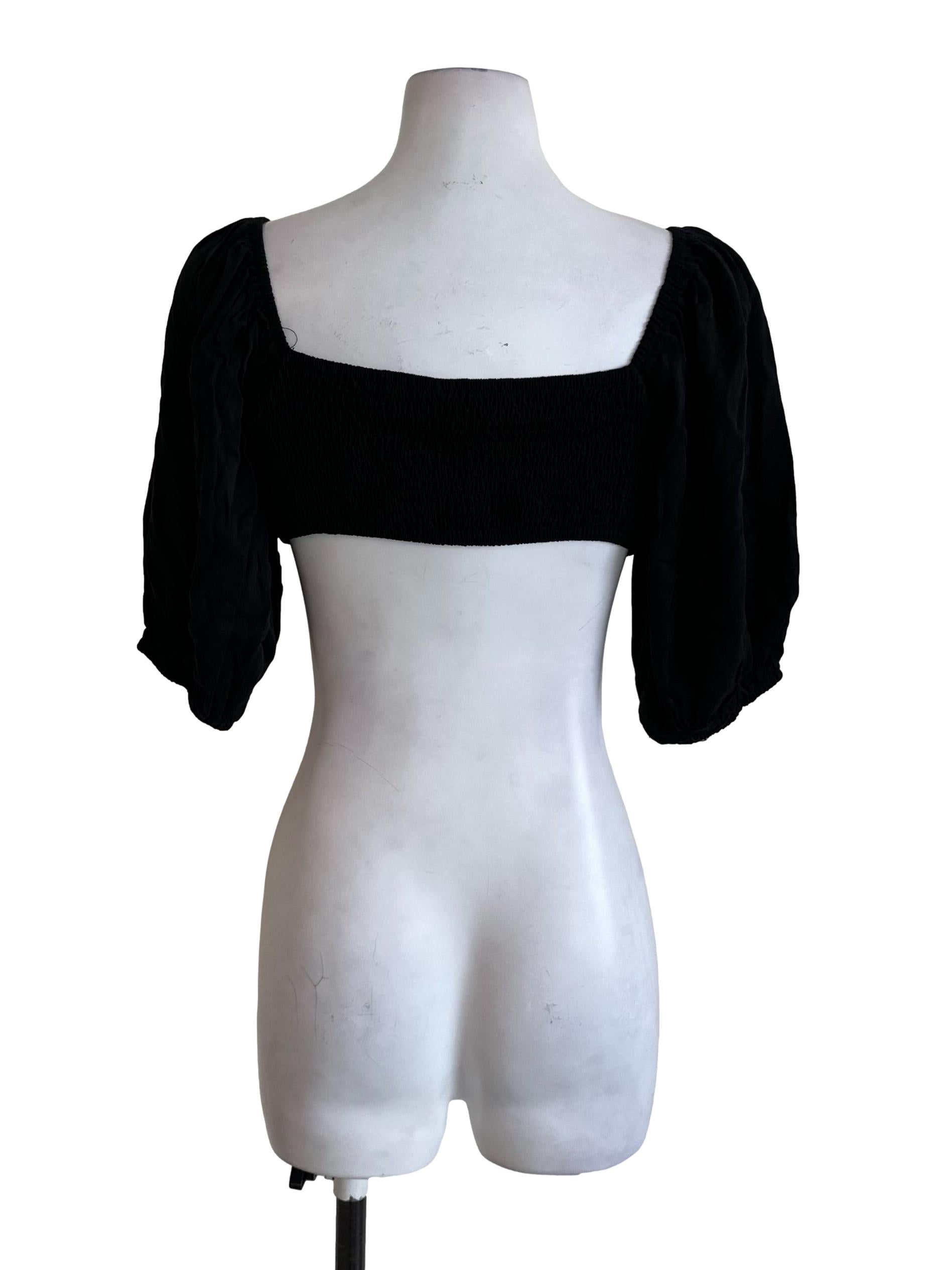 Raven Black Button Puff Sleeve Crop Top