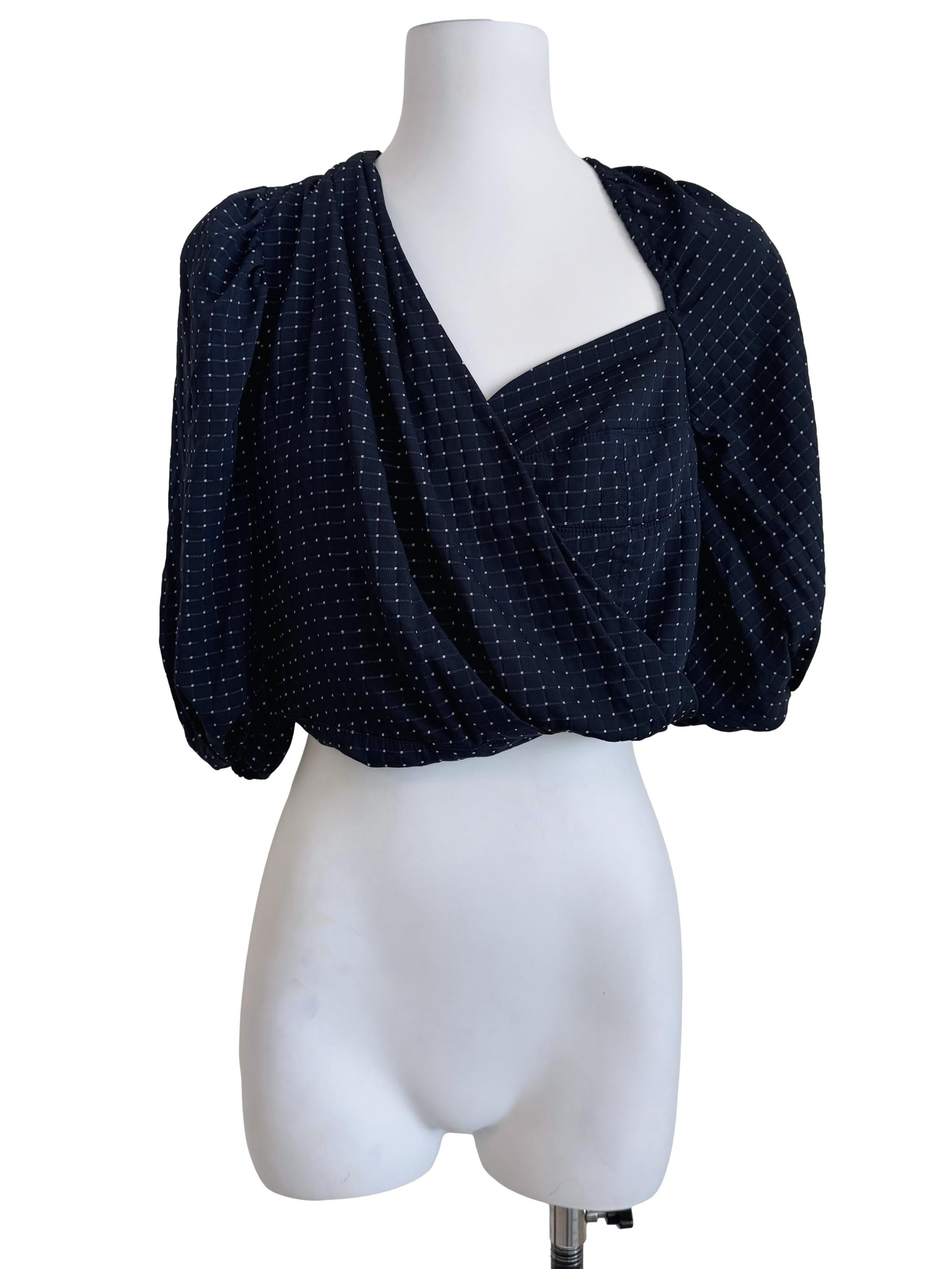 Navy Blue Polkadot Asymmetrical Neckline Top