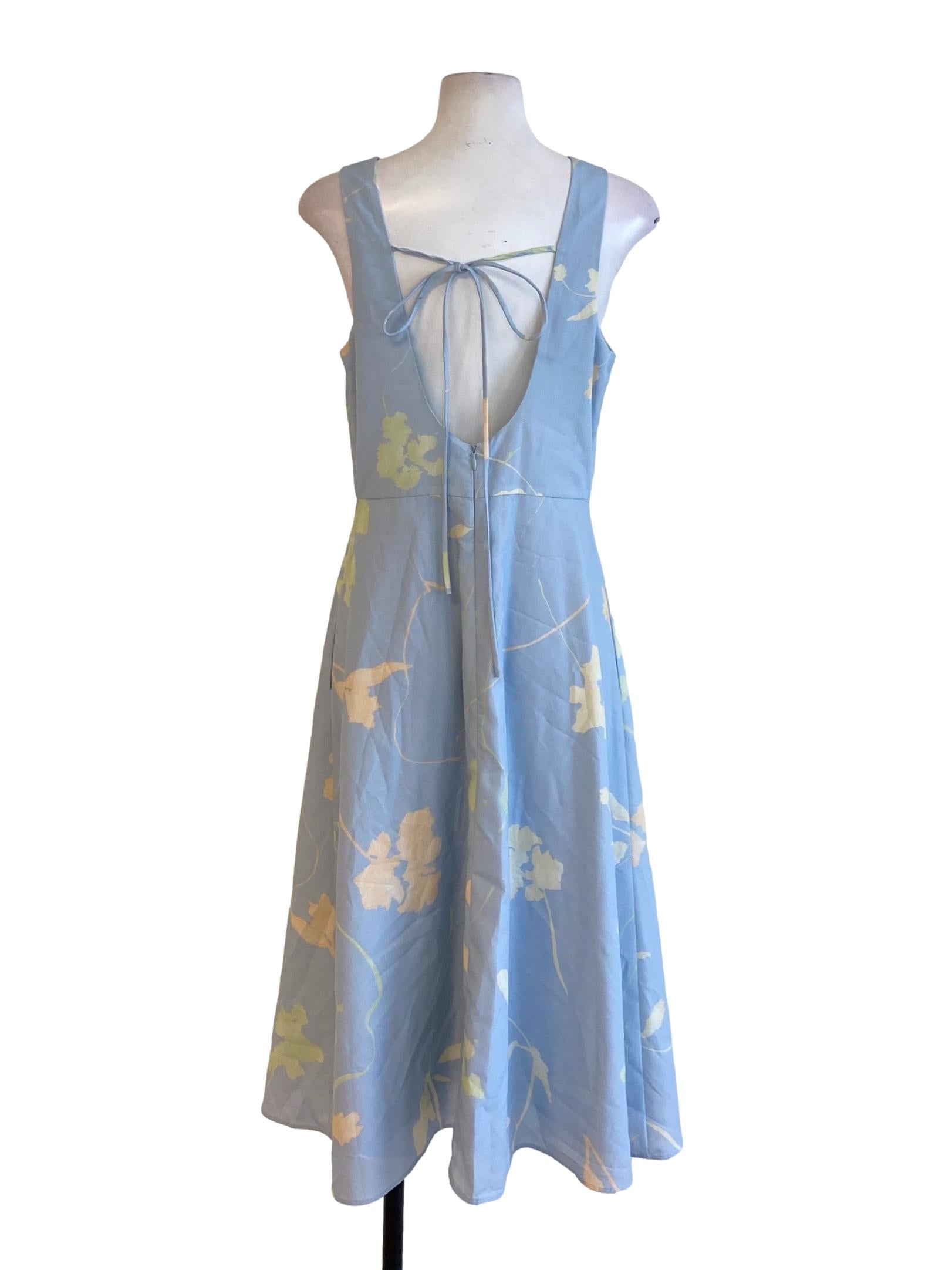 Light Sky Blue Floral Printed Round Neck Tie Back A-Line Dress