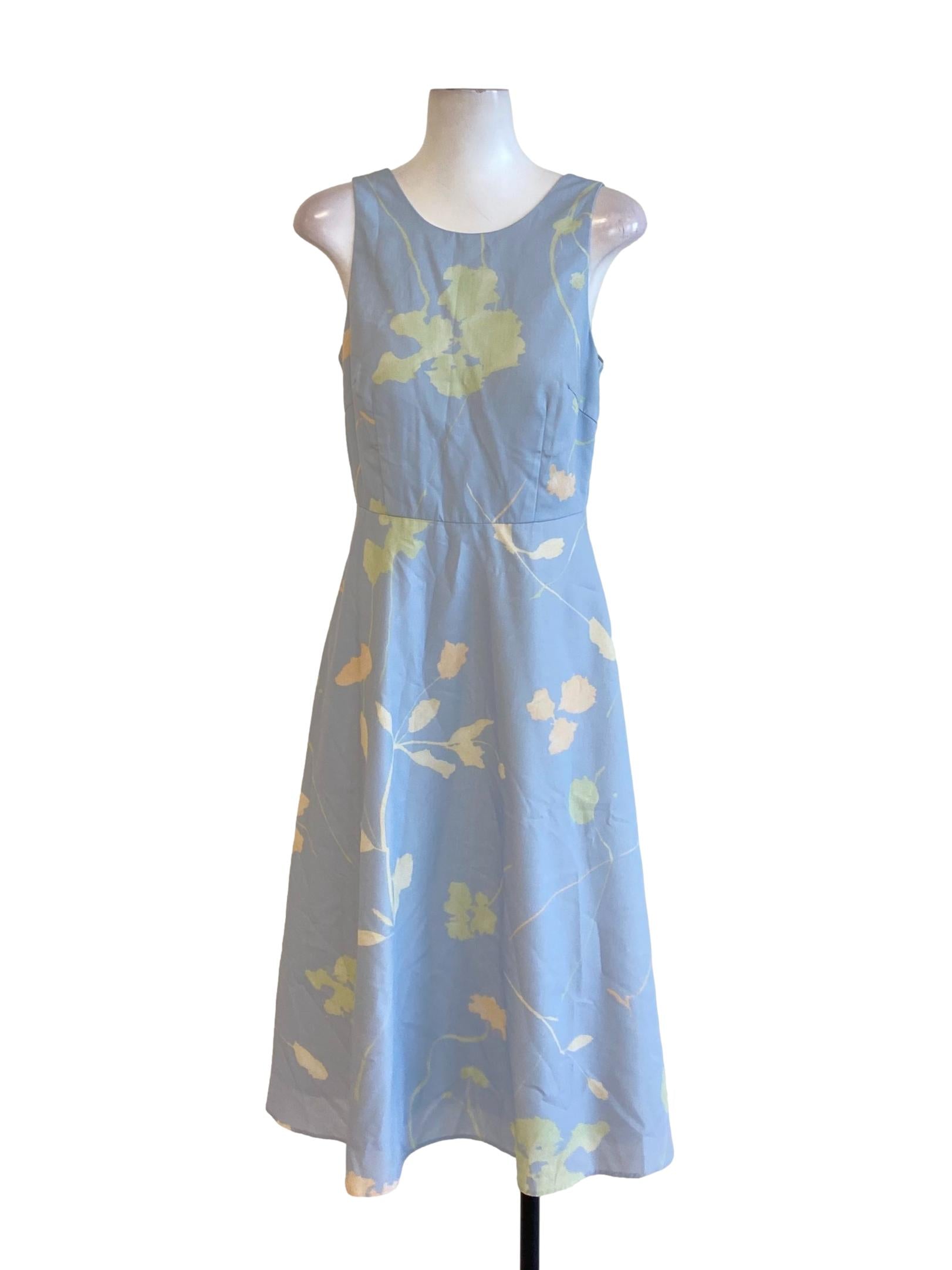 Light Sky Blue Floral Printed Round Neck Tie Back A-Line Dress