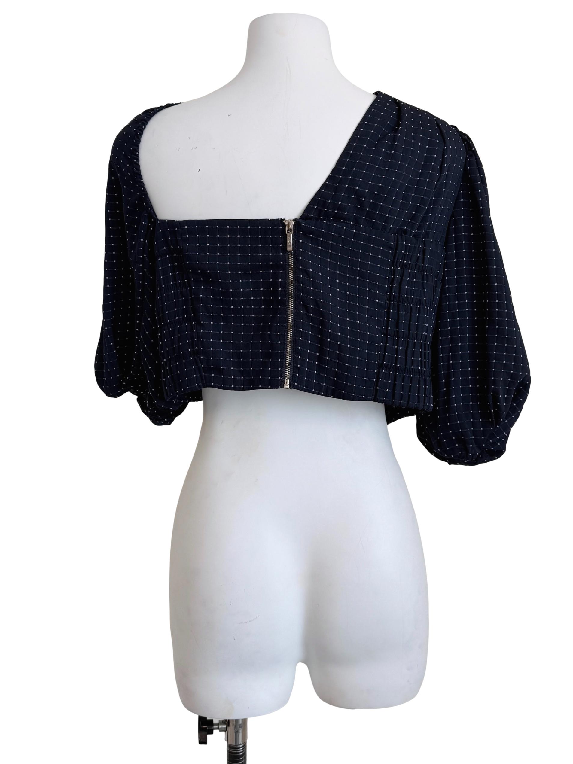 Navy Blue Polkadot Asymmetrical Neckline Top